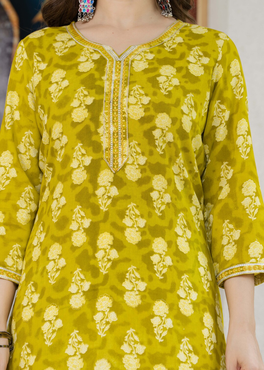 Mustard Yellow Ethnic Printed Round Neck Pure Cotton Kurta