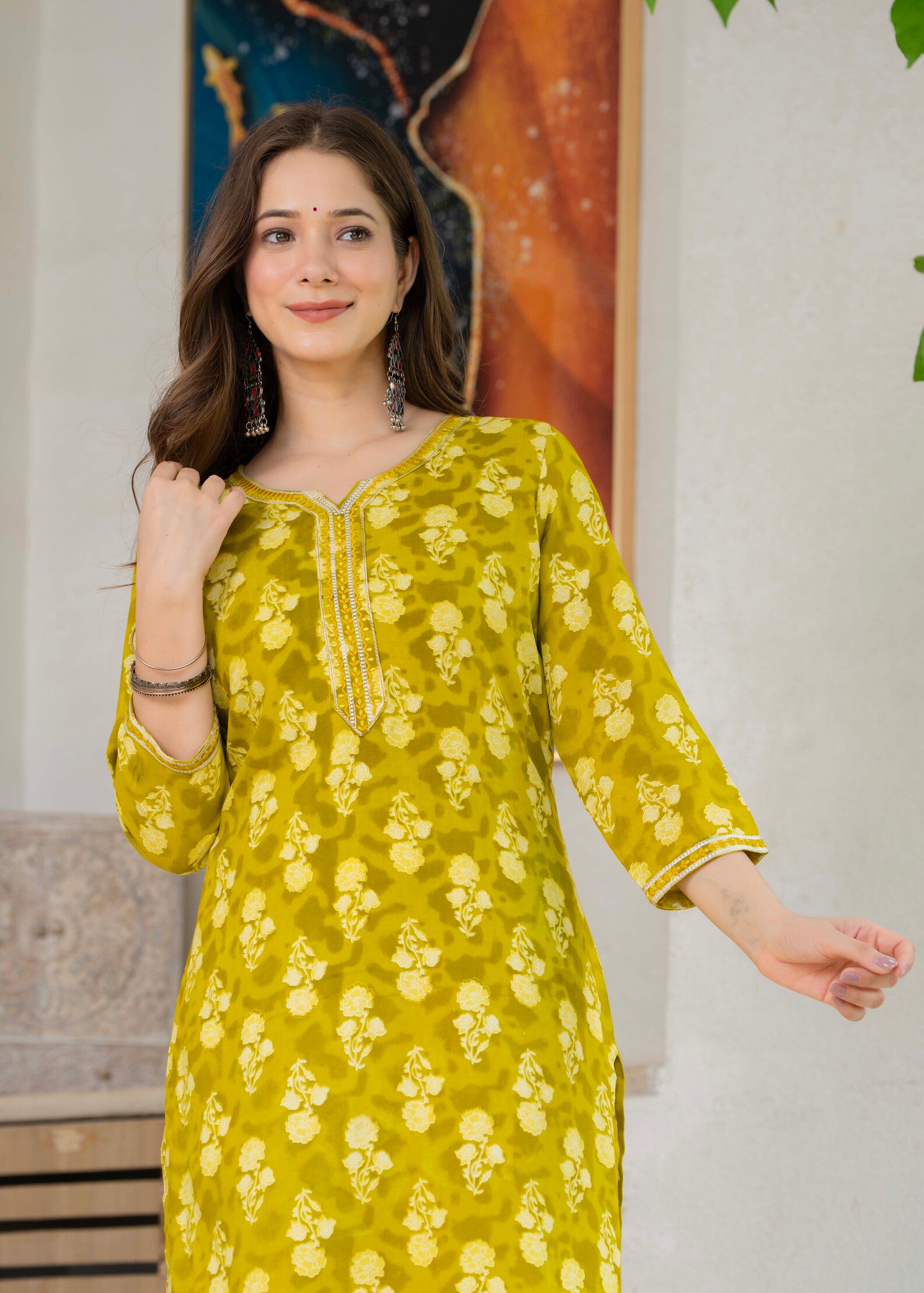 Mustard Yellow Ethnic Printed Round Neck Pure Cotton Kurta