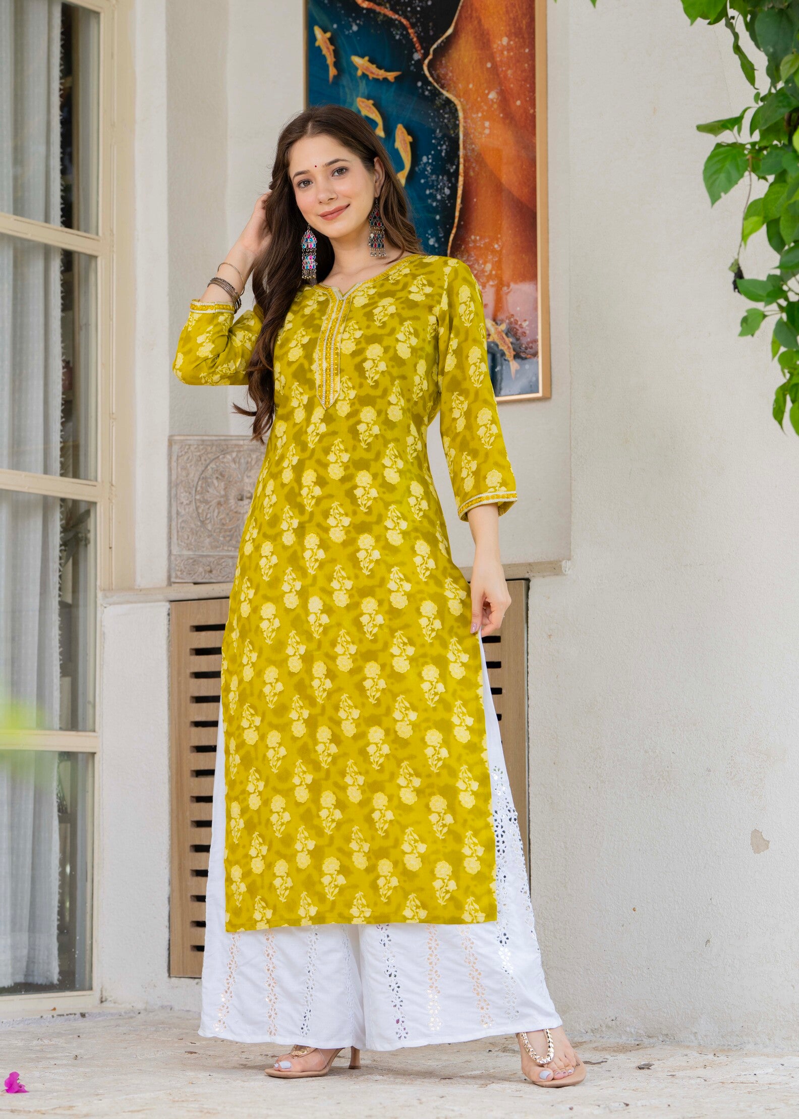 Mustard Yellow Ethnic Printed Round Neck Pure Cotton Kurta