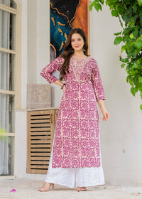 Magenta Ethnic Printed Round Neck Pure Cotton Kurta