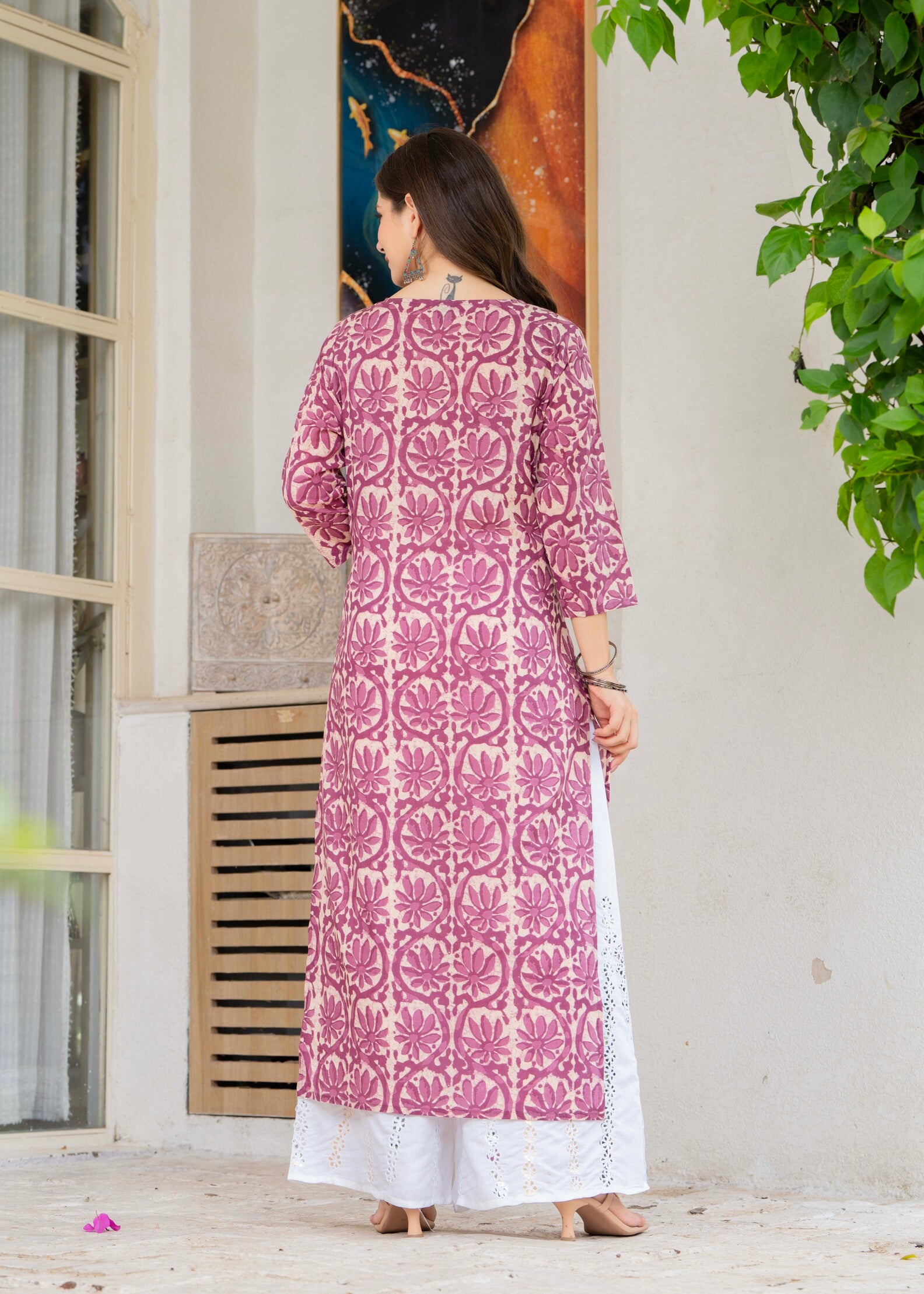 Magenta Ethnic Printed Round Neck Pure Cotton Kurta