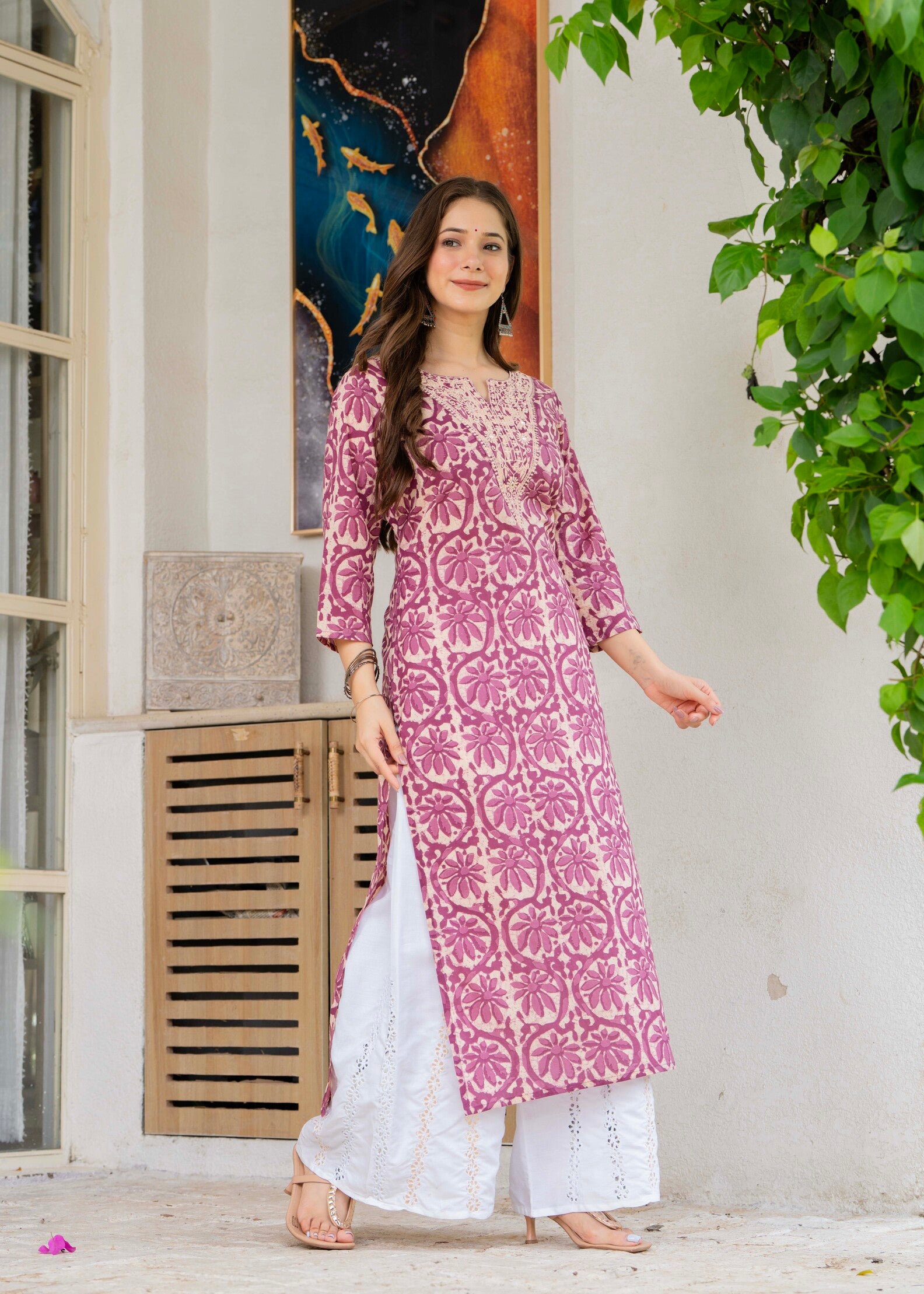 Magenta Ethnic Printed Round Neck Pure Cotton Kurta