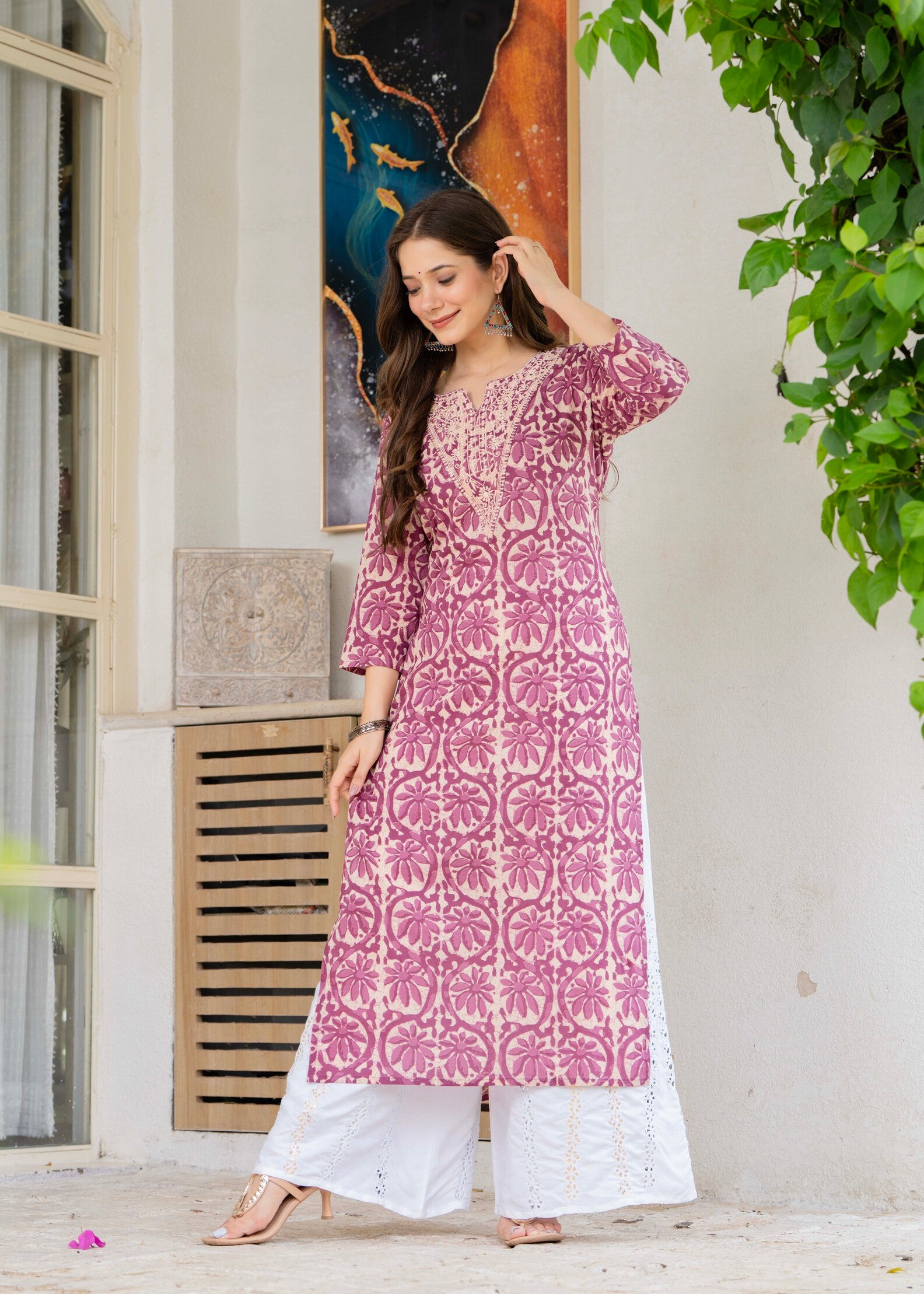 Magenta Ethnic Printed Round Neck Pure Cotton Kurta