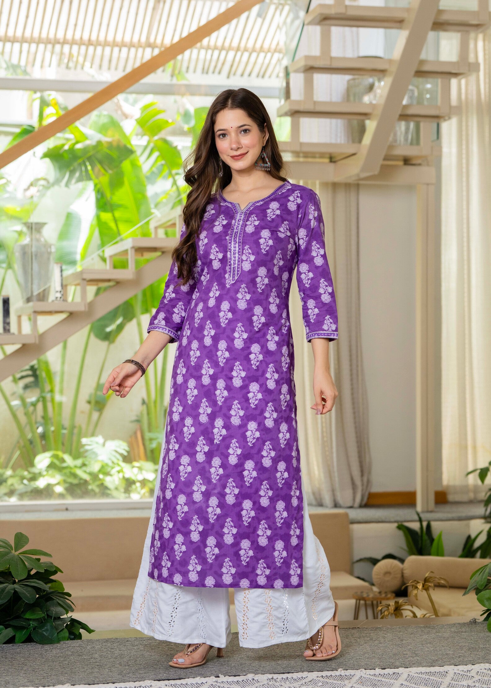 Purple Ethnic Printed Round Neck Pure Cotton Kurta
