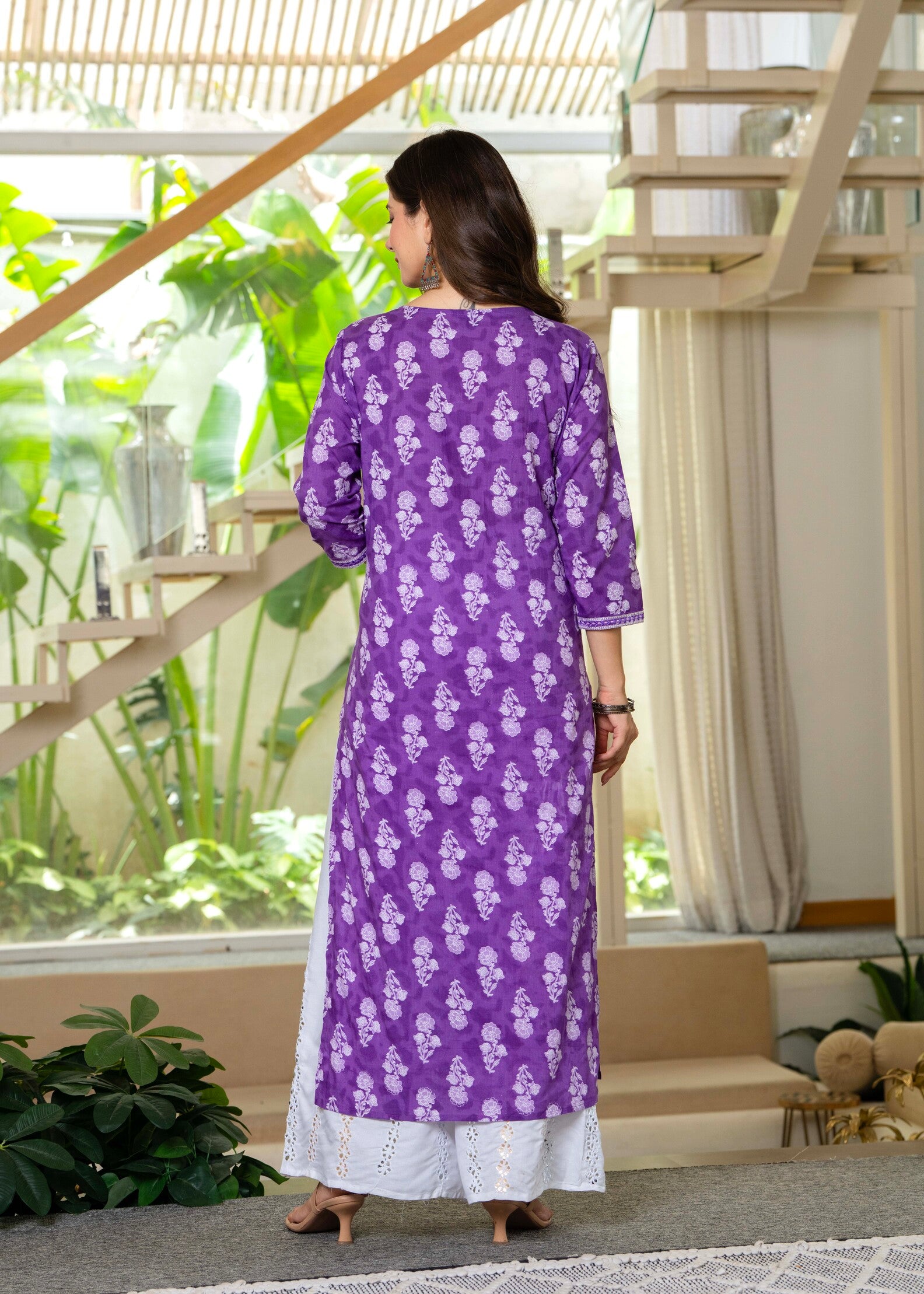 Purple Ethnic Printed Round Neck Pure Cotton Kurta