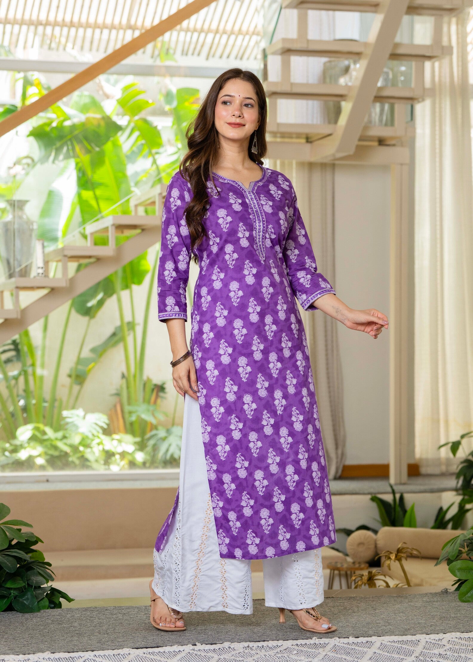 Purple Ethnic Printed Round Neck Pure Cotton Kurta