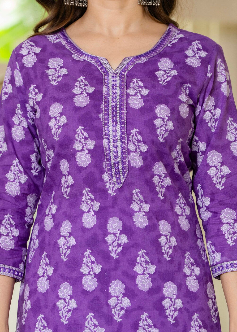 Purple Ethnic Printed Round Neck Pure Cotton Kurta