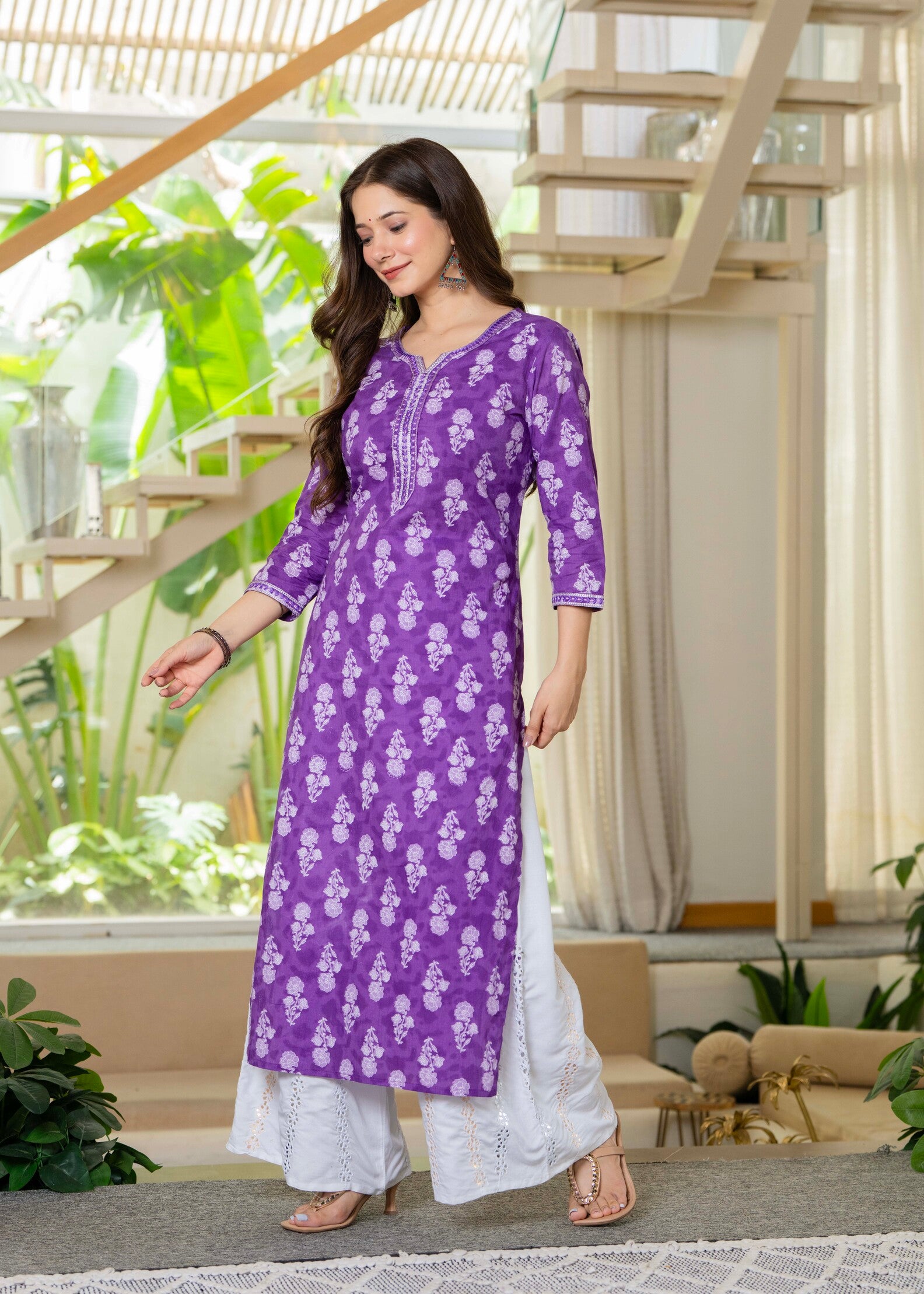 Purple Ethnic Printed Round Neck Pure Cotton Kurta