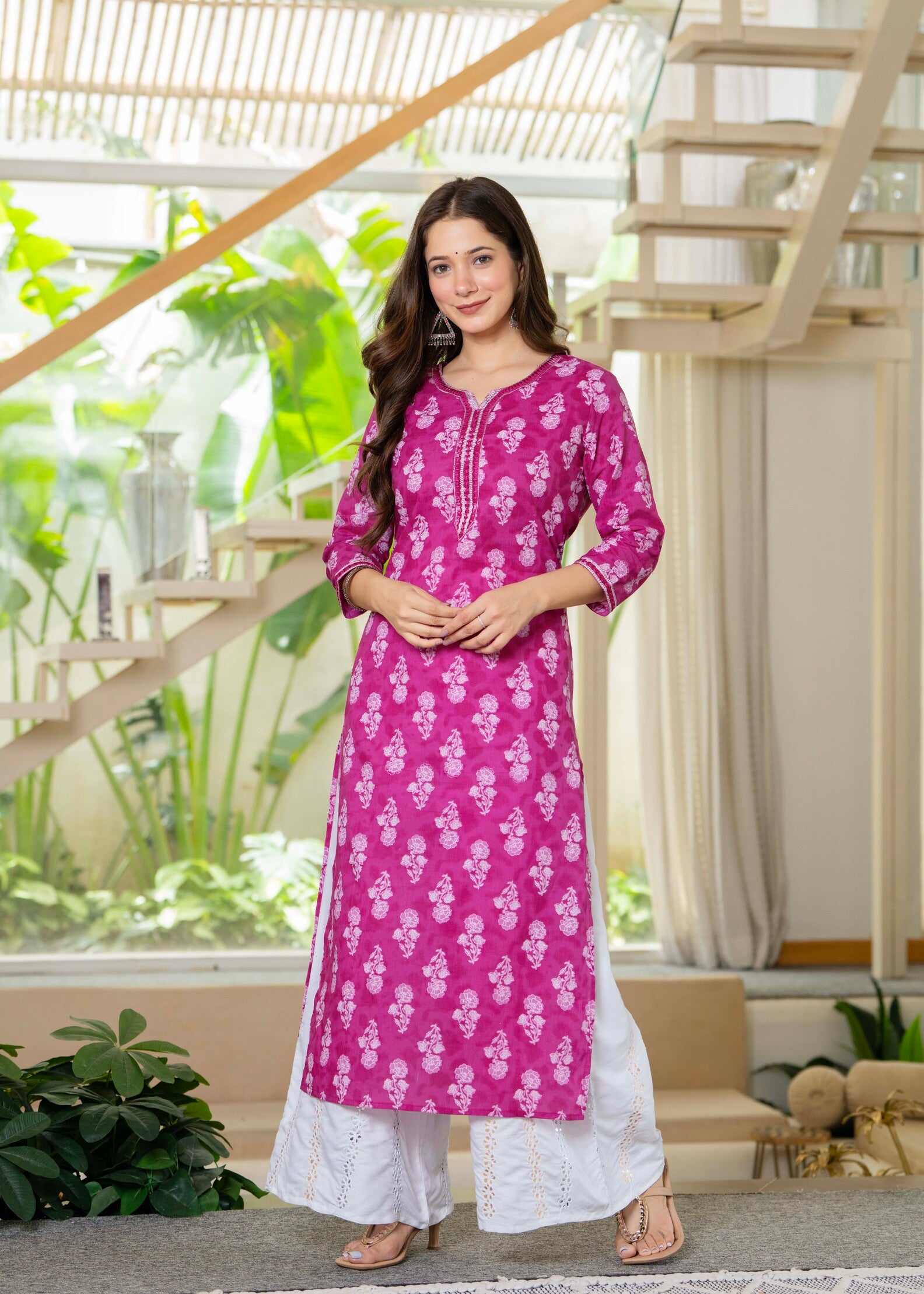 Light Pink Ethnic Printed Round Neck Pure Cotton Kurta