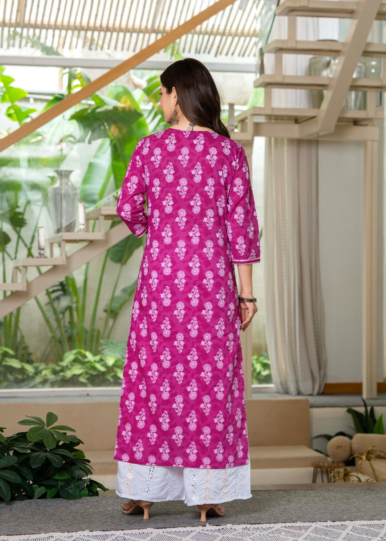 Light Pink Ethnic Printed Round Neck Pure Cotton Kurta