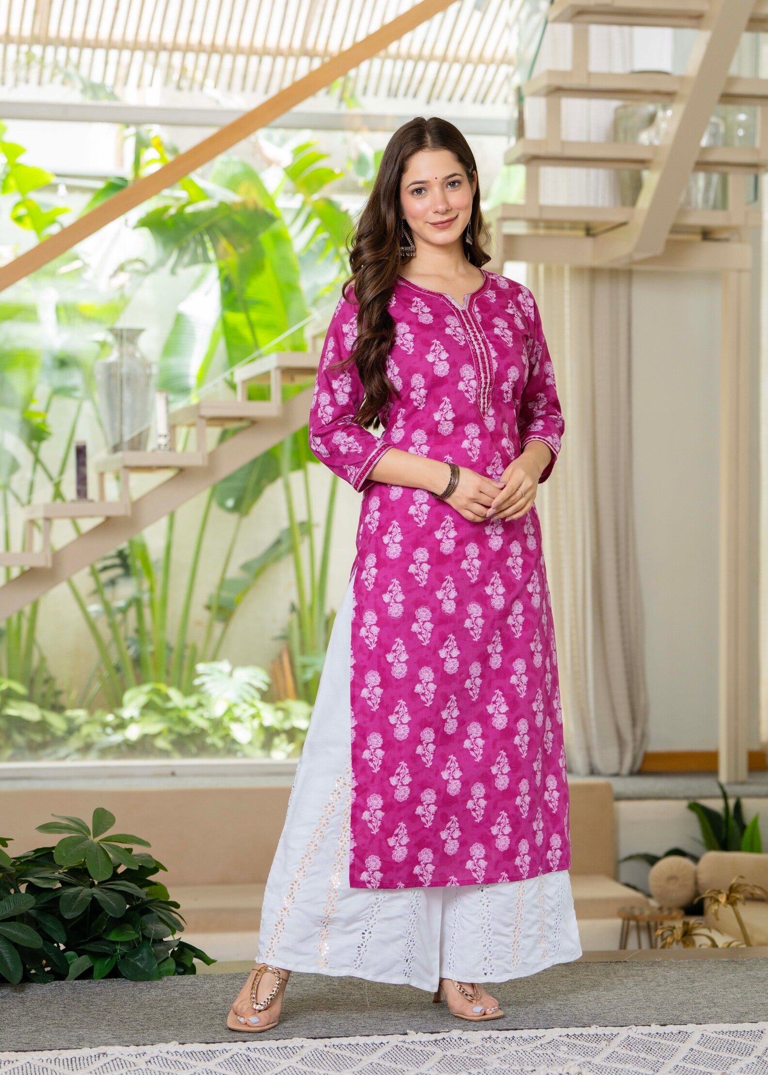 Light Pink Ethnic Printed Round Neck Pure Cotton Kurta