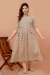 Beige Printed Pure Rayon Cotton Collar Maternity and Feeding Kurta
