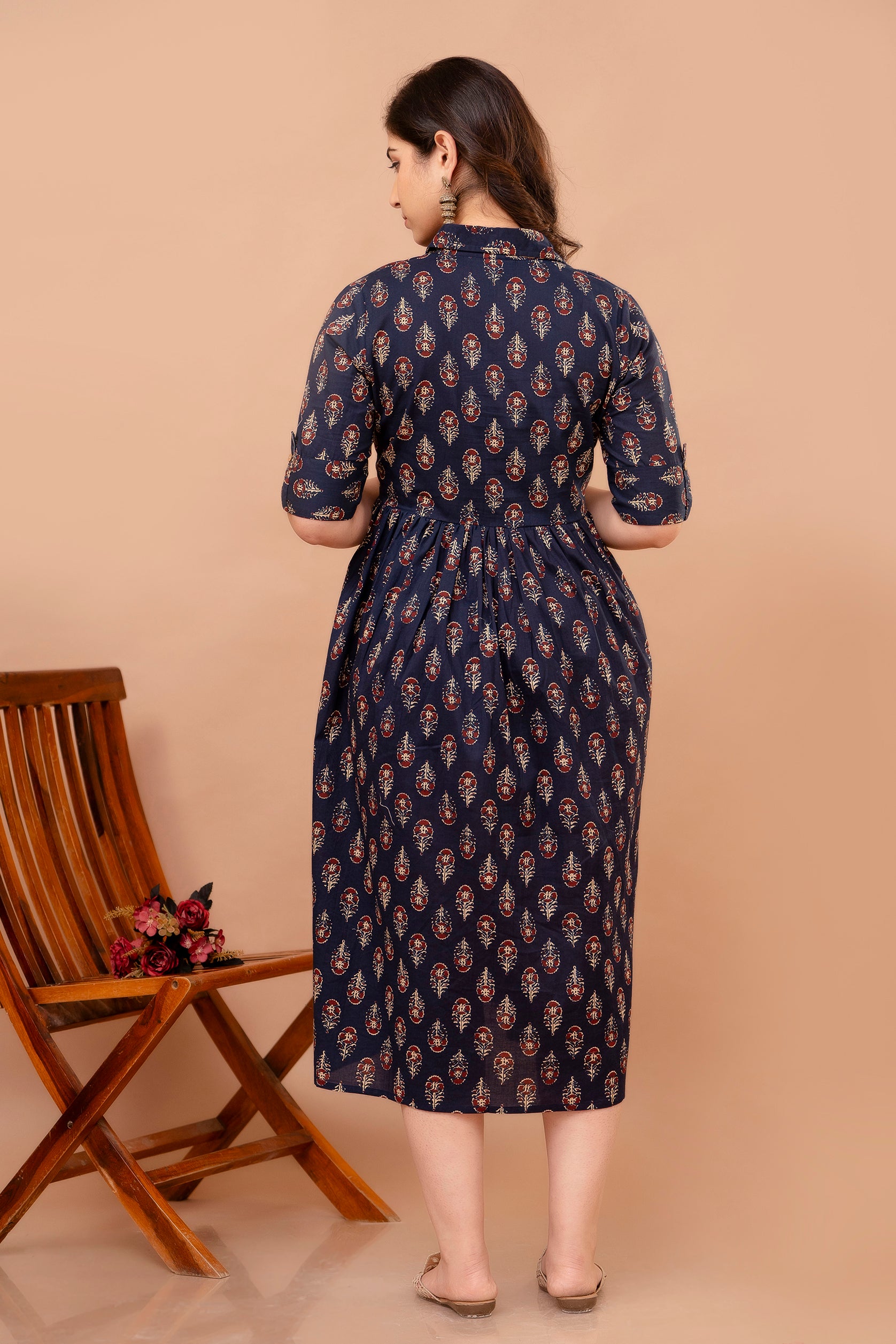 Dark Blue Printed Pure Rayon Cotton Collar Maternity and Feeding Kurta