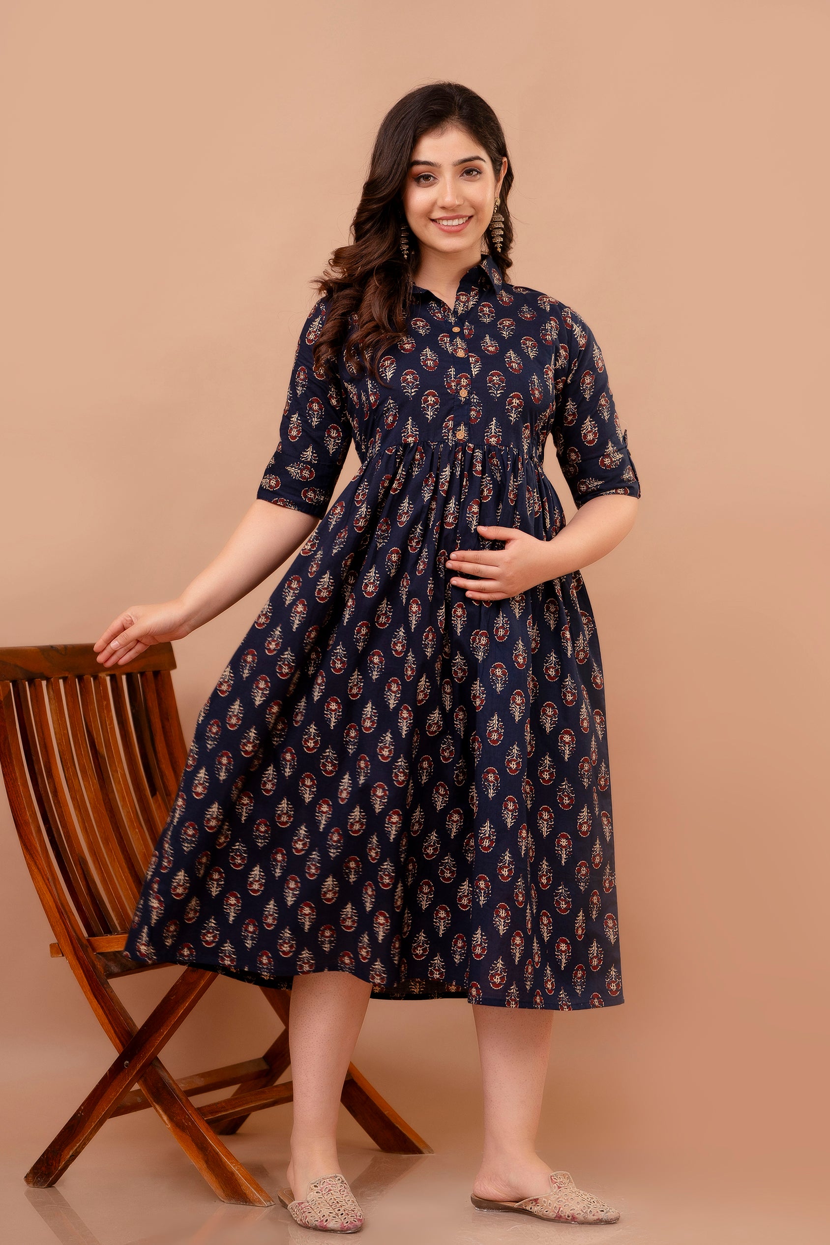 Dark Blue Printed Pure Rayon Cotton Collar Maternity and Feeding Kurta