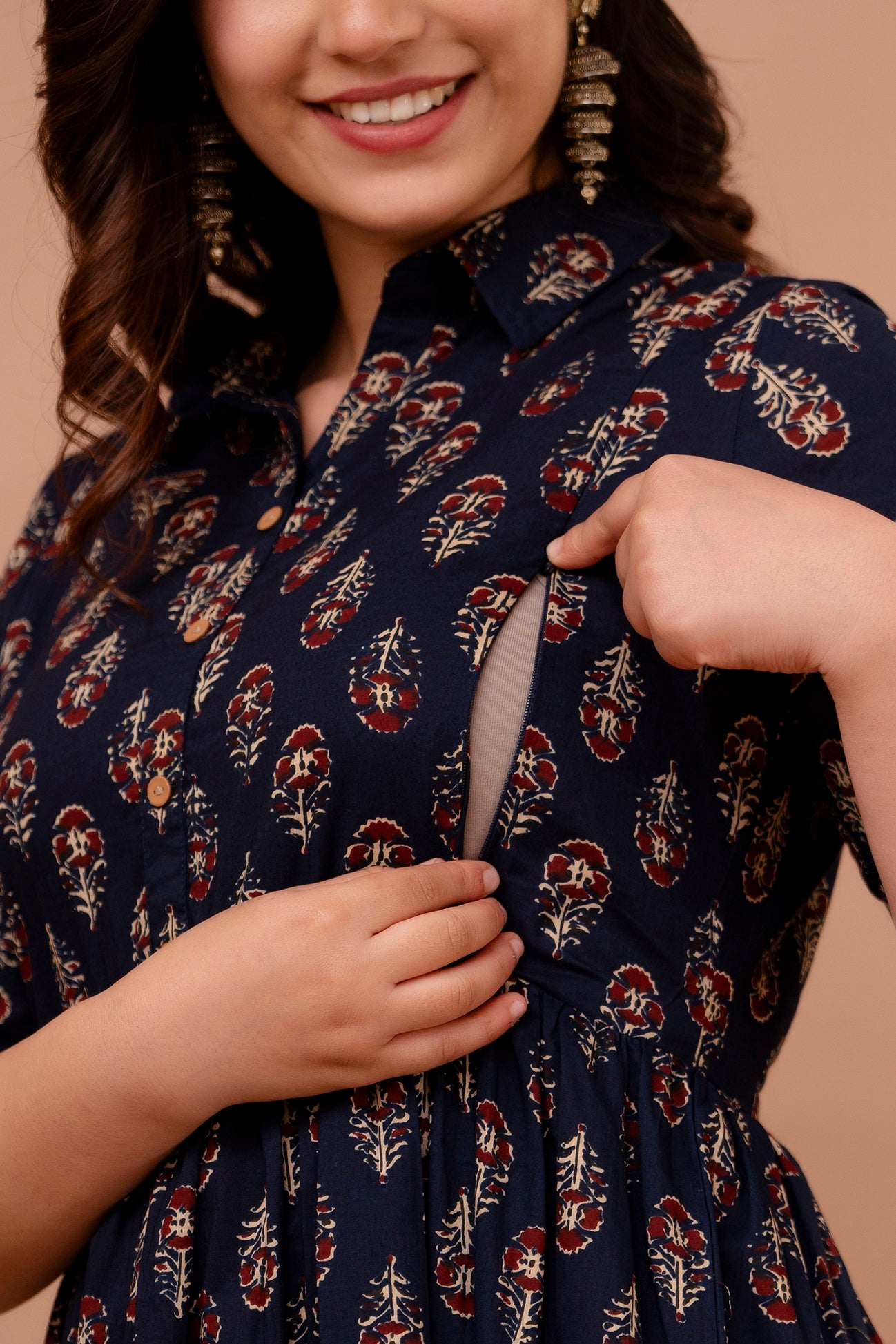 Dark Blue Printed Pure Rayon Cotton Collar Maternity and Feeding Kurta