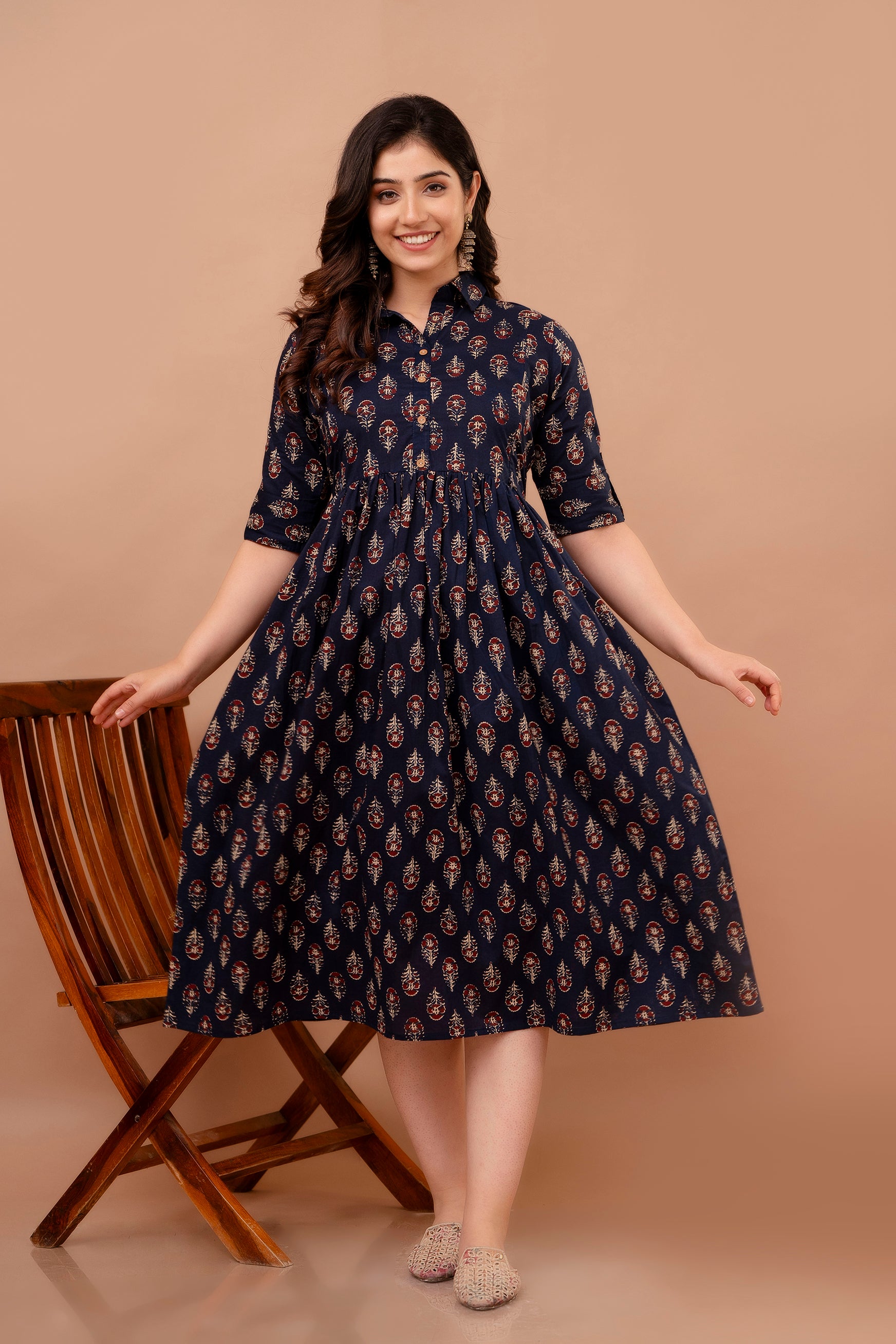 Dark Blue Printed Pure Rayon Cotton Collar Maternity and Feeding Kurta