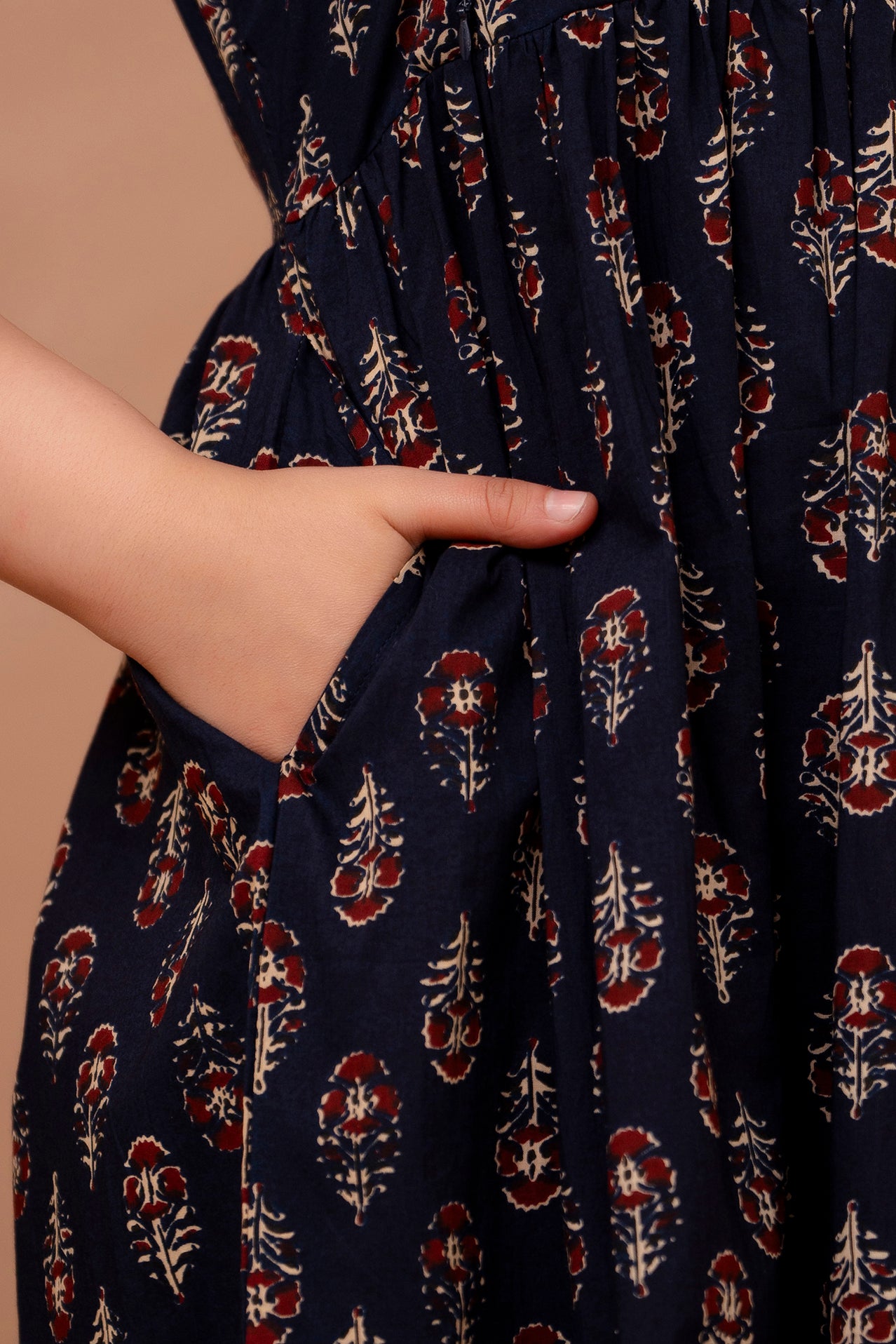 Dark Blue Printed Pure Rayon Cotton Collar Maternity and Feeding Kurta