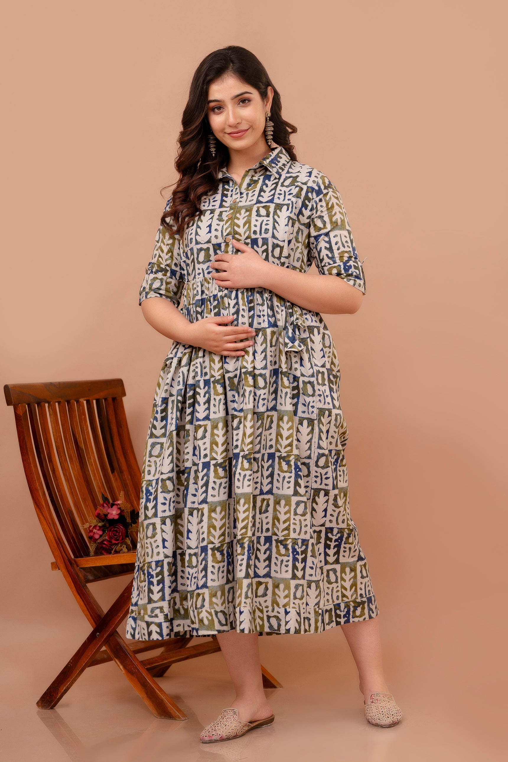 White Printed Pure Rayon Cotton Collar Maternity and Feeding Kurta