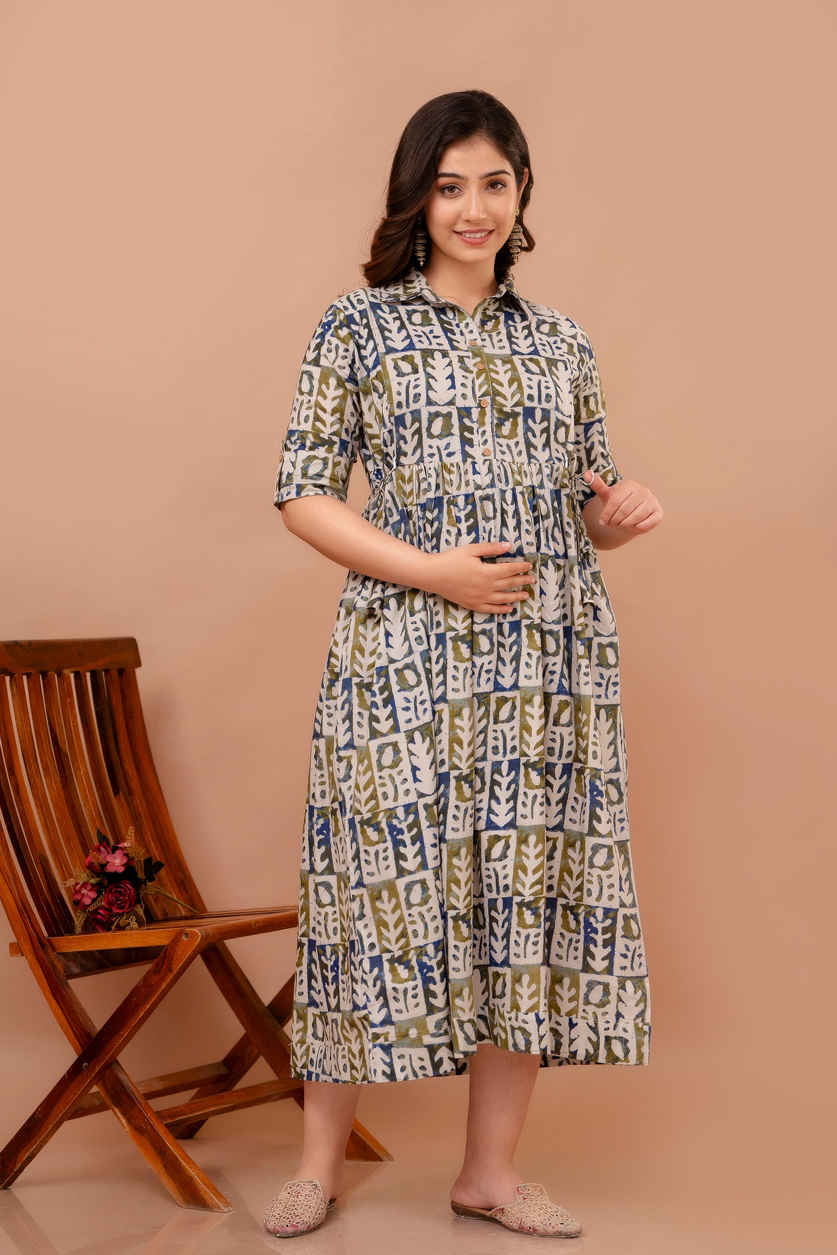 White Printed Pure Rayon Cotton Collar Maternity and Feeding Kurta