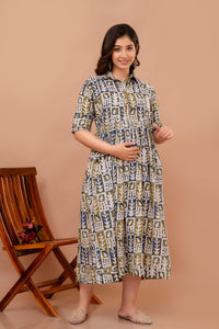 White Printed Pure Rayon Cotton Collar Maternity and Feeding Kurta