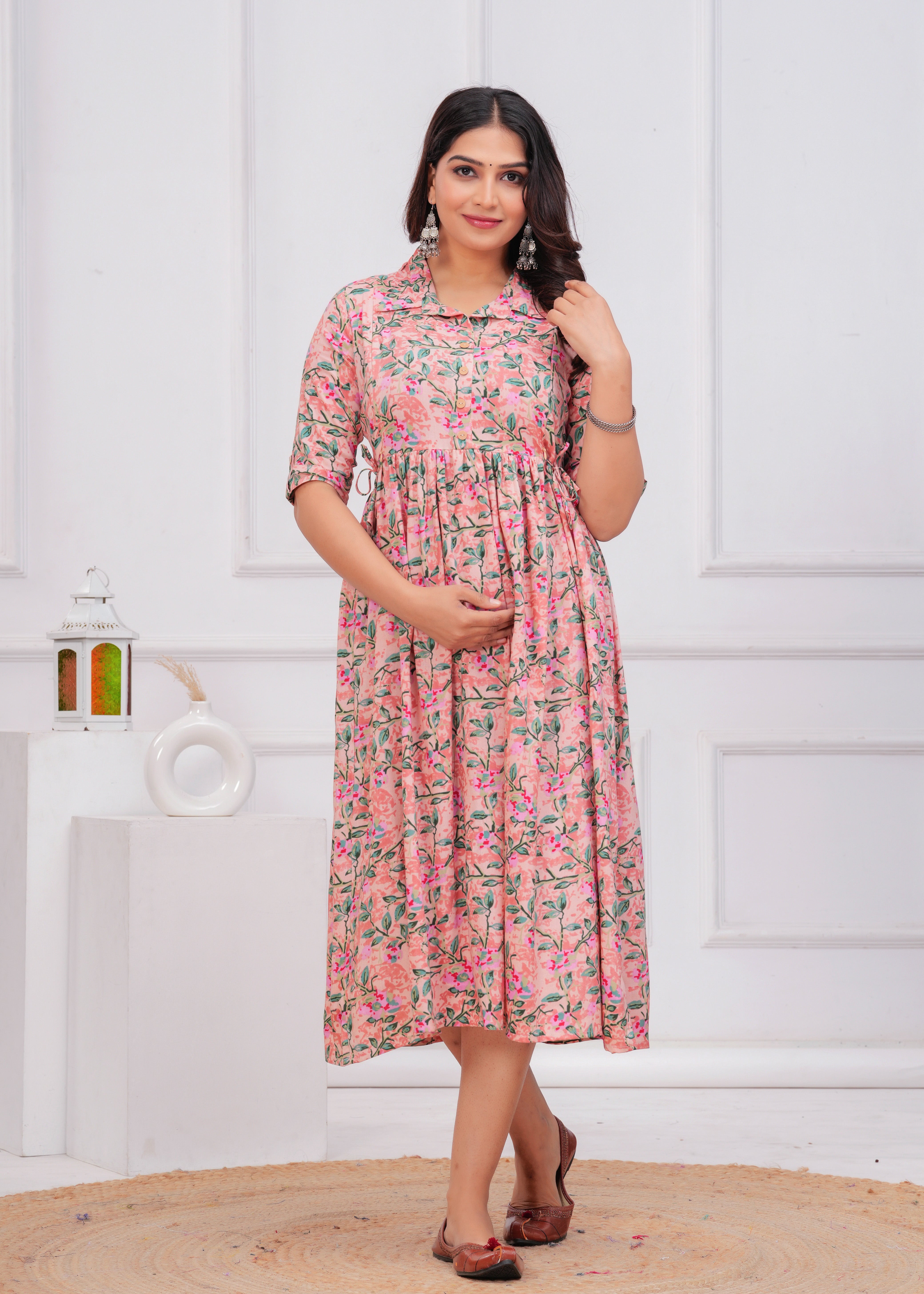 Peach Printed Pure Rayon Cotton Collar Maternity and Feeding Kurta