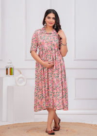Peach Printed Pure Rayon Cotton Collar Maternity and Feeding Kurta