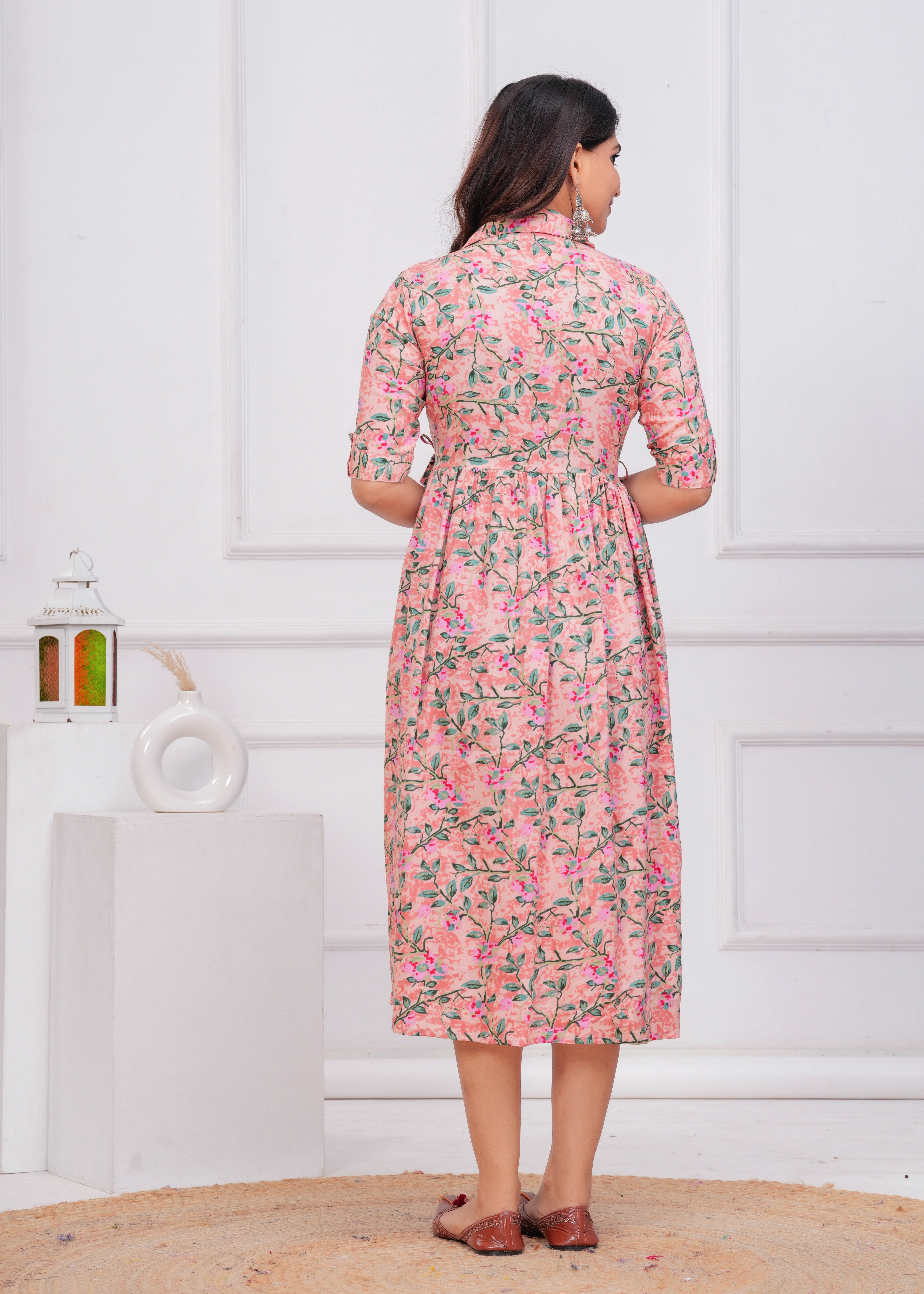 Peach Printed Pure Rayon Cotton Collar Maternity and Feeding Kurta