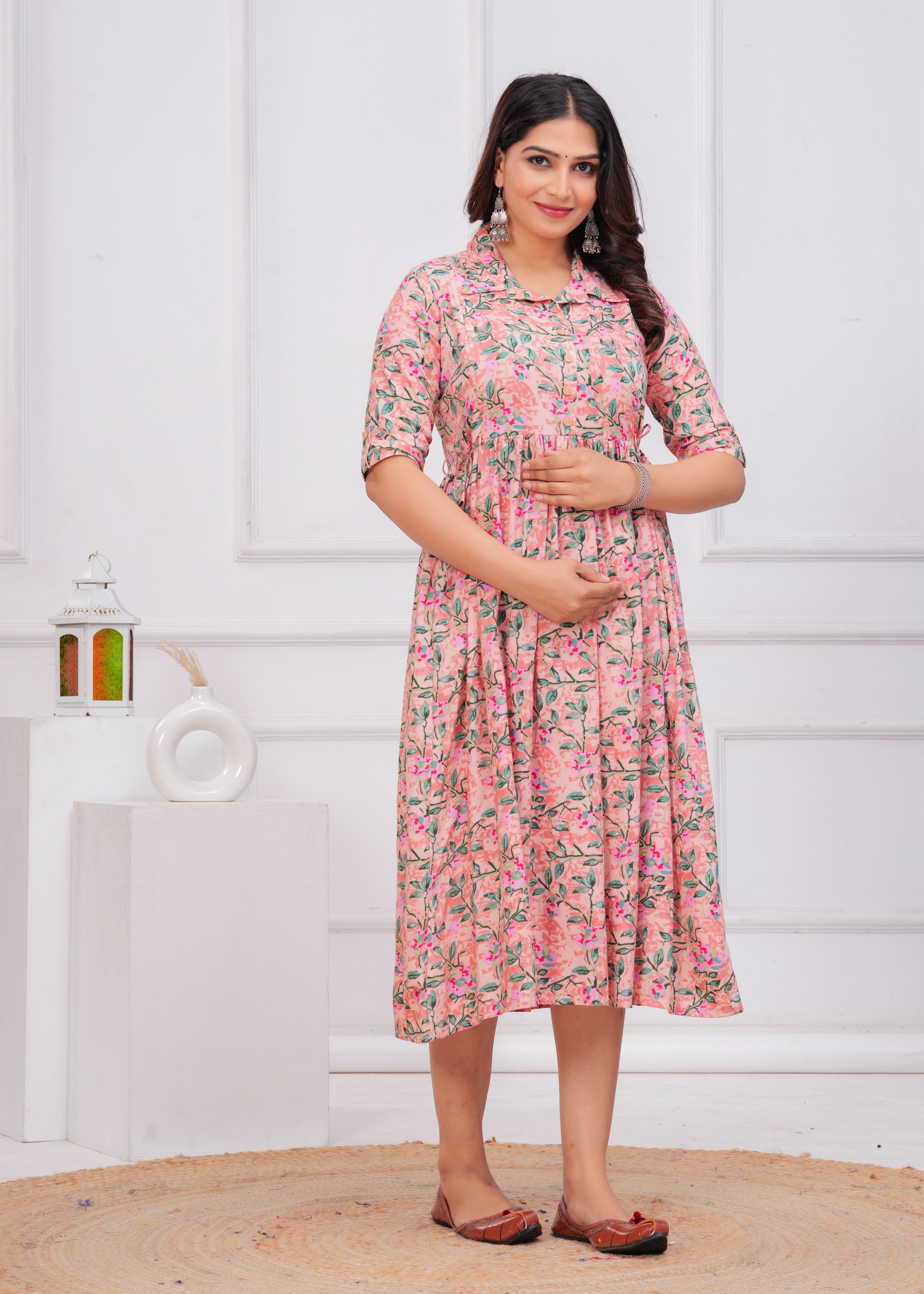 Peach Printed Pure Rayon Cotton Collar Maternity and Feeding Kurta