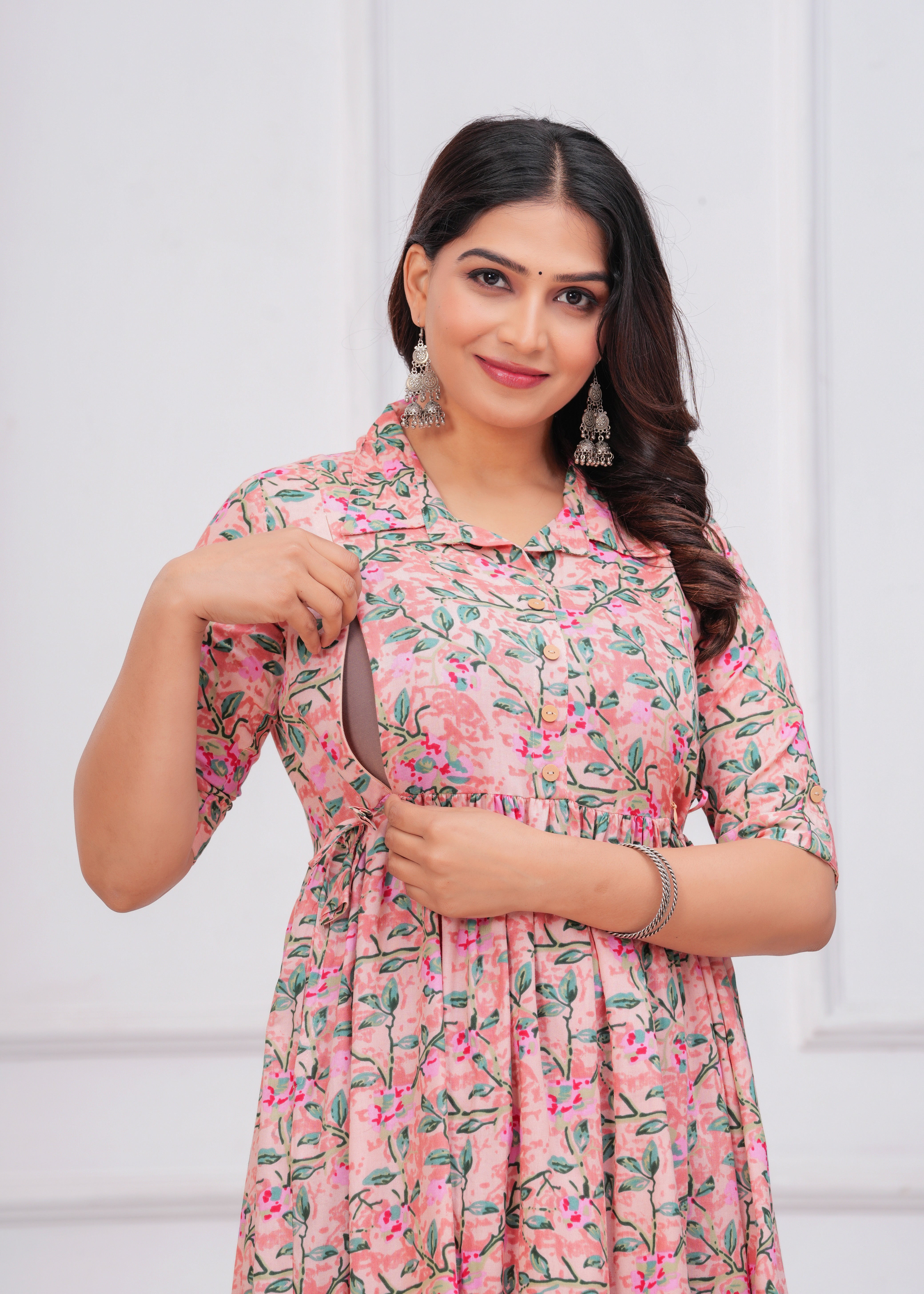 Peach Printed Pure Rayon Cotton Collar Maternity and Feeding Kurta