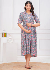 Light Grey Printed Pure Rayon Cotton Collar Maternity and Feeding Kurta