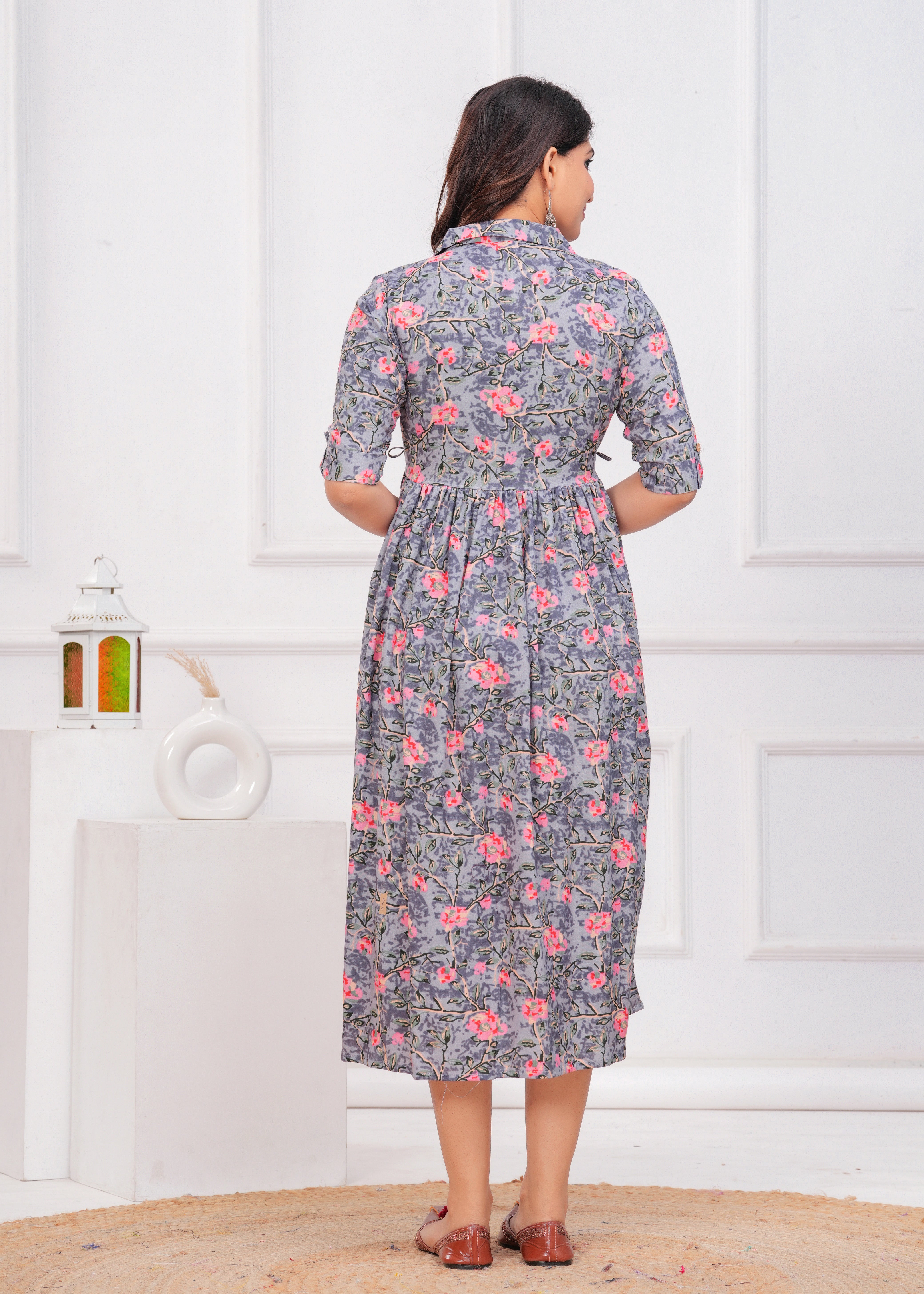 Light Grey Printed Pure Rayon Cotton Collar Maternity and Feeding Kurta