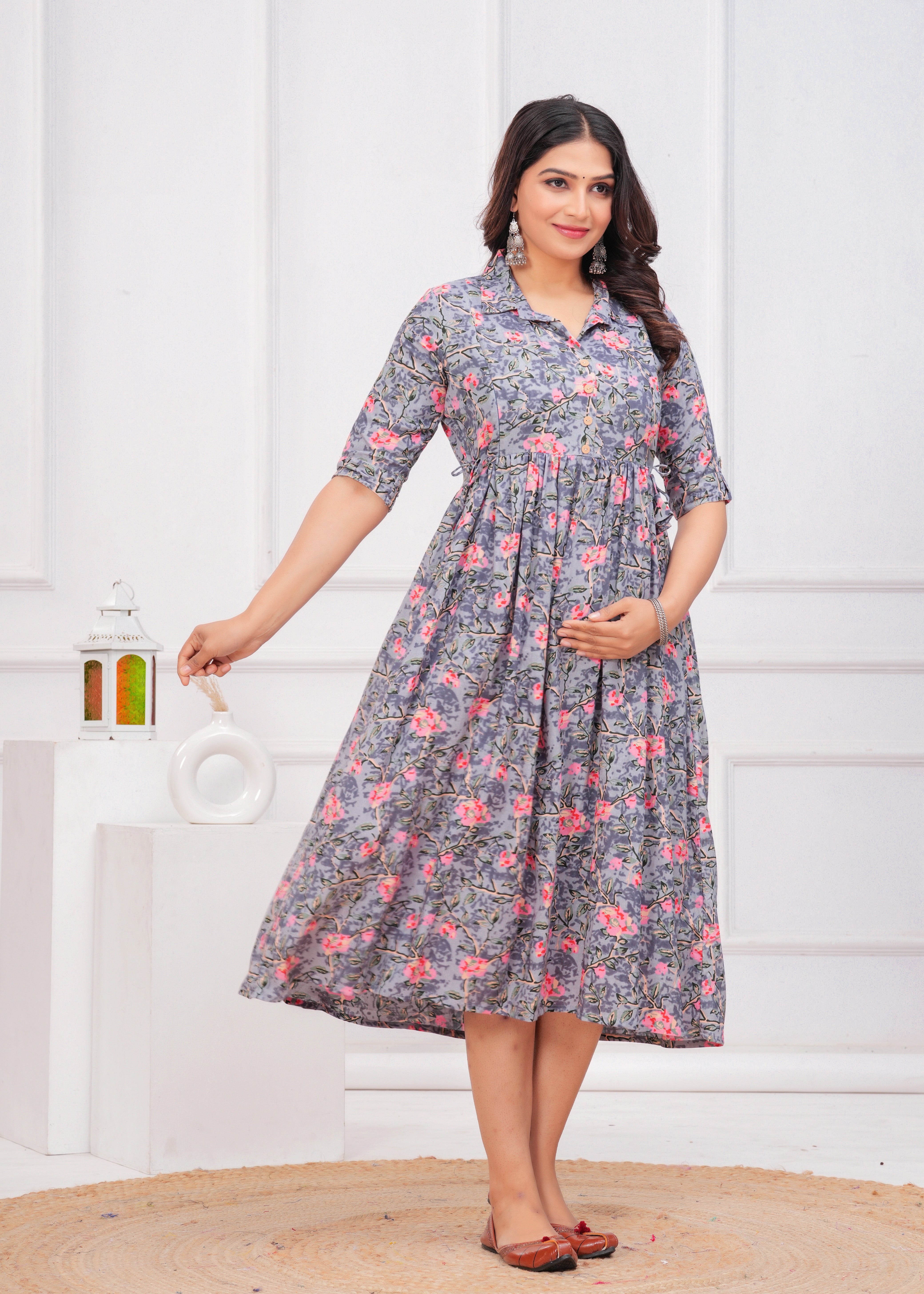 Light Grey Printed Pure Rayon Cotton Collar Maternity and Feeding Kurta
