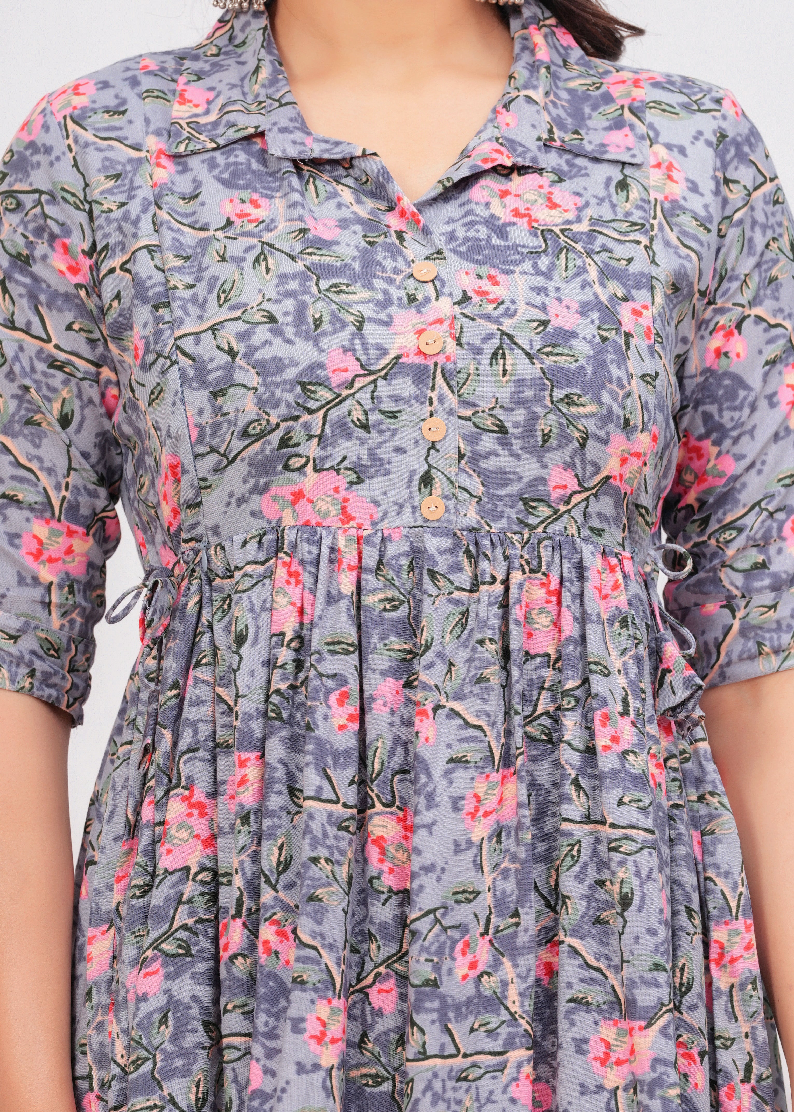 Light Grey Printed Pure Rayon Cotton Collar Maternity and Feeding Kurta