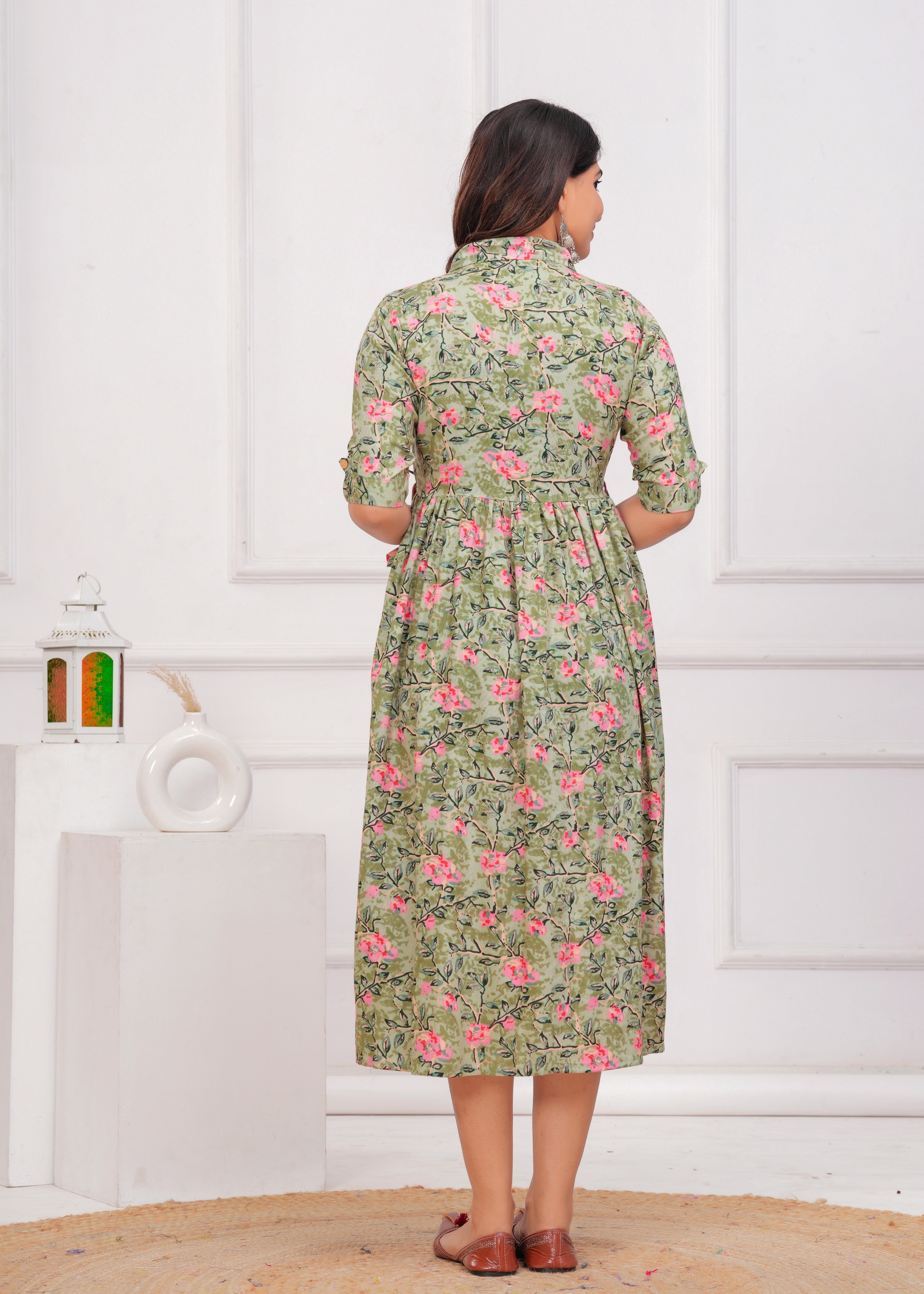 Pista Green Printed Pure Rayon Cotton Collar Maternity and Feeding Kurta