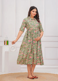 Pista Green Printed Pure Rayon Cotton Collar Maternity and Feeding Kurta