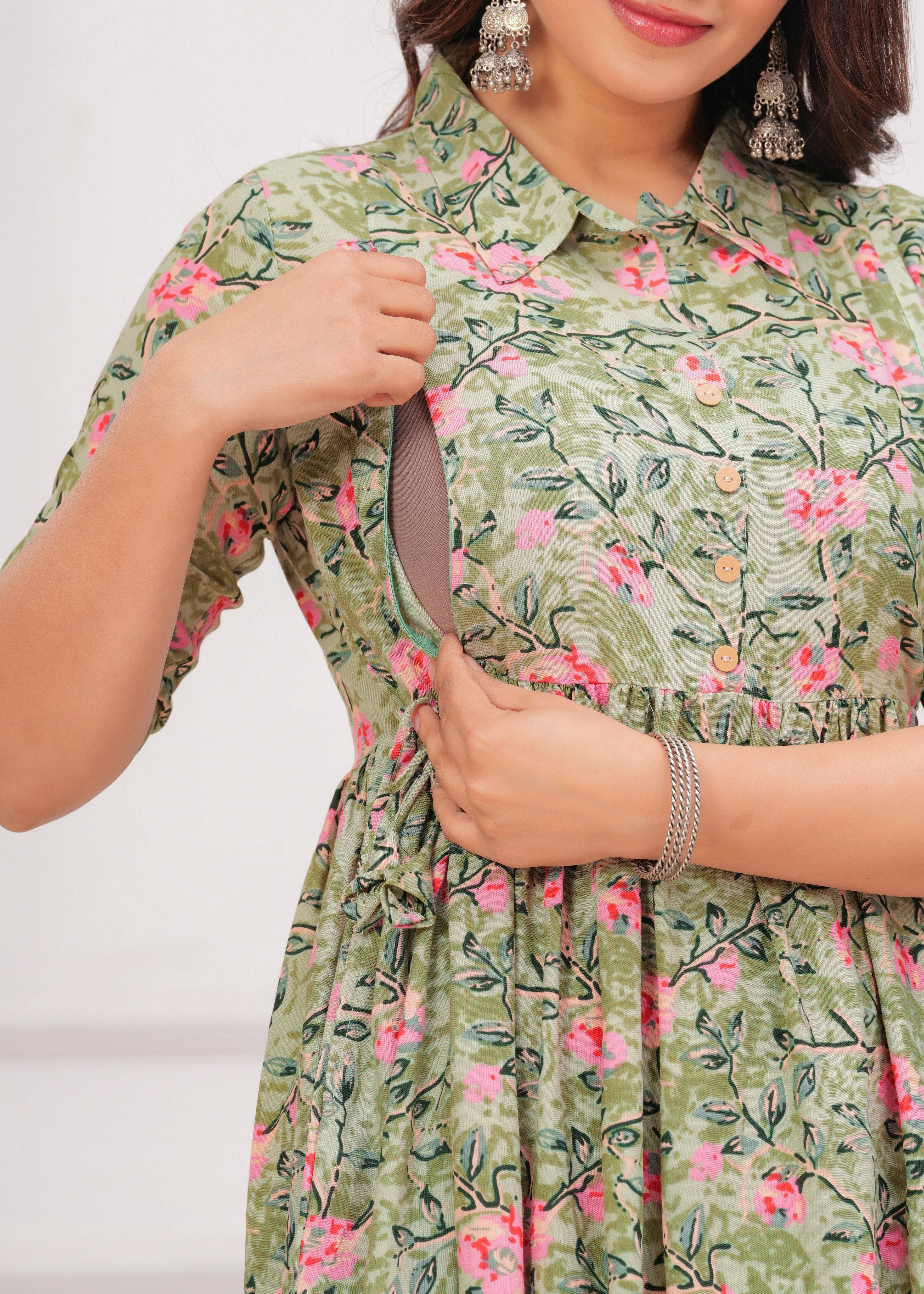 Pista Green Printed Pure Rayon Cotton Collar Maternity and Feeding Kurta