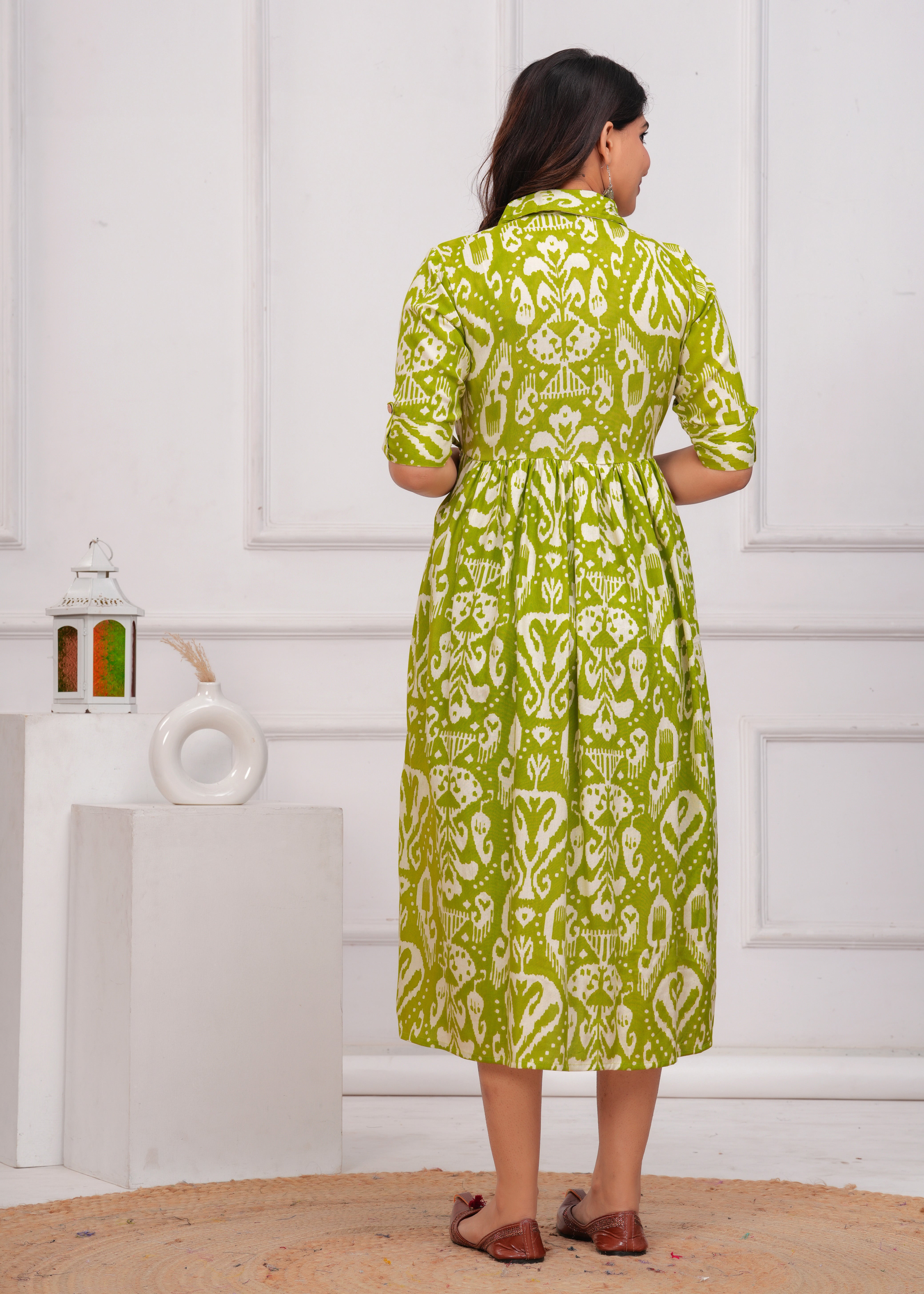 Green Printed Pure Rayon Cotton Collar Maternity and Feeding Kurta