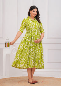 Green Printed Pure Rayon Cotton Collar Maternity and Feeding Kurta