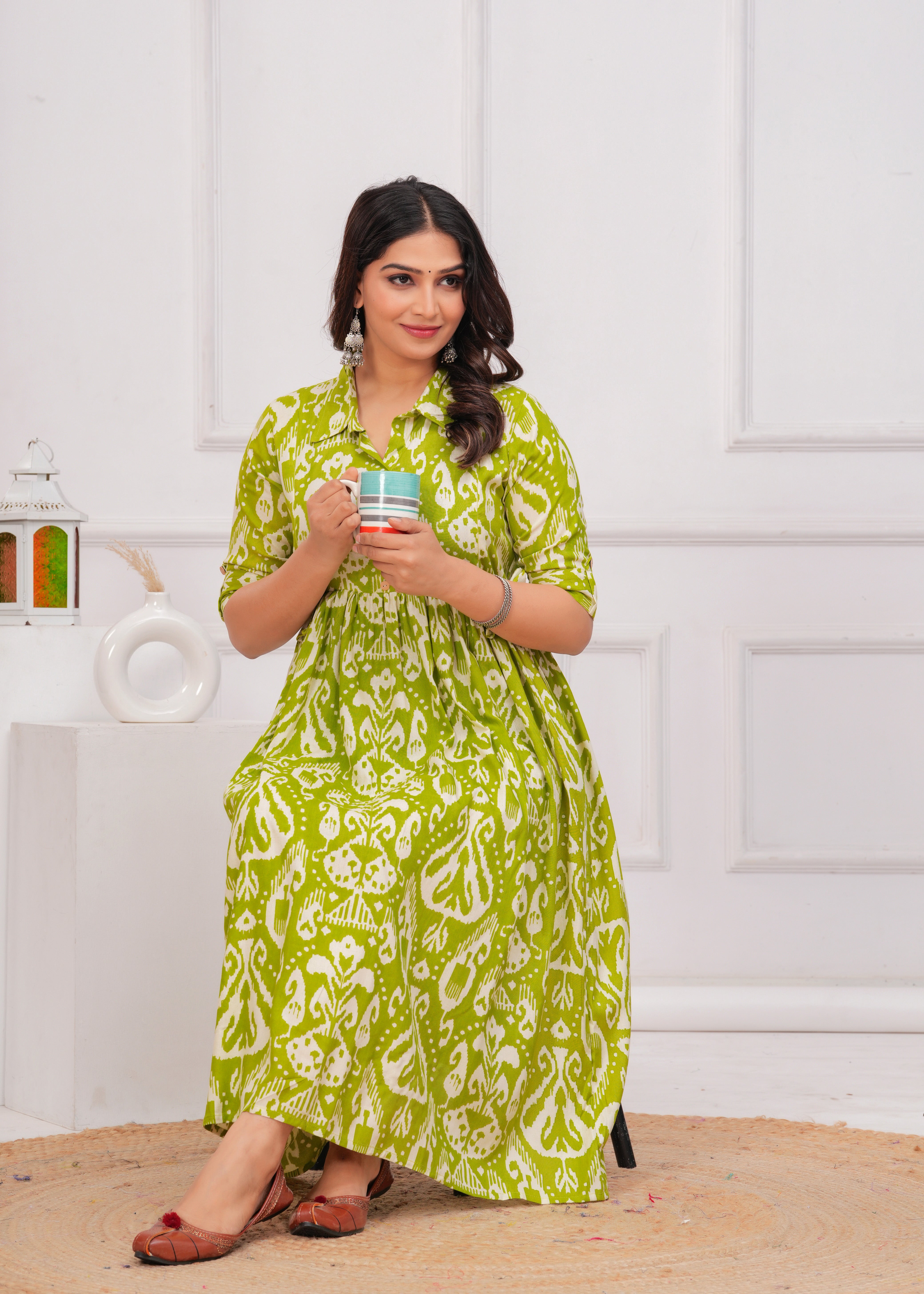Green Printed Pure Rayon Cotton Collar Maternity and Feeding Kurta