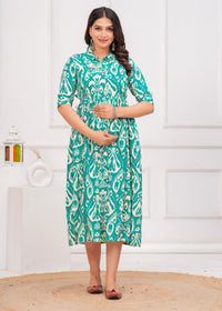 Aqua Blue Printed Pure Rayon Cotton Collar Maternity and Feeding Kurta