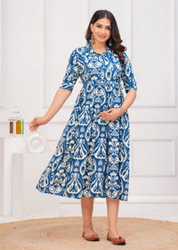 Light Navy Blue Printed Pure Rayon Cotton Collar Maternity and Feeding Kurta