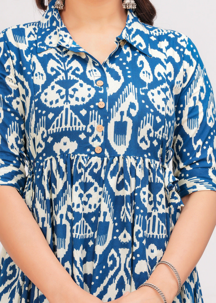 Light Navy Blue Printed Pure Rayon Cotton Collar Maternity and Feeding Kurta