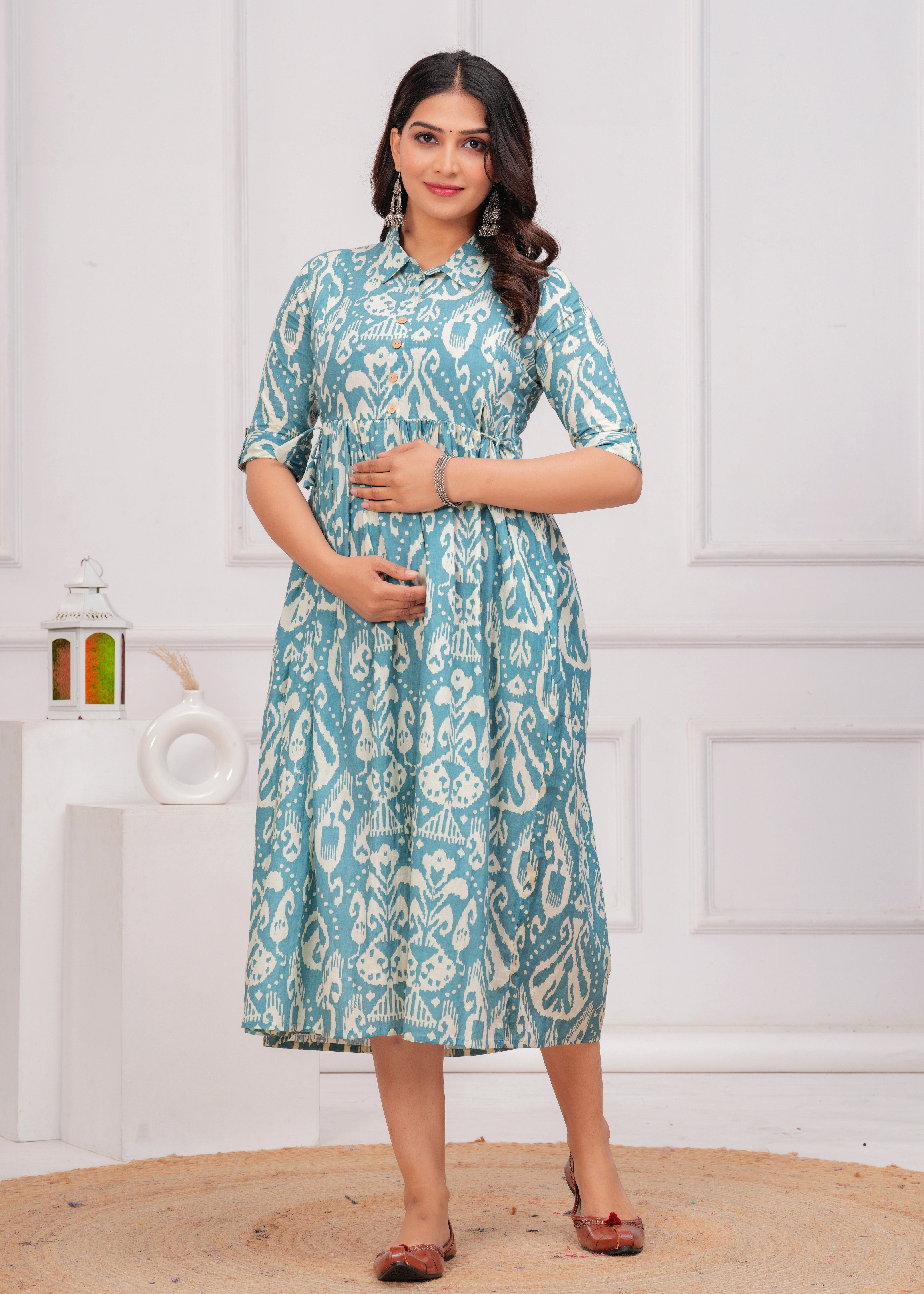 Sky Blue Printed Pure Rayon Cotton Collar Maternity and Feeding Kurta