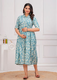 Sky Blue Printed Pure Rayon Cotton Collar Maternity and Feeding Kurta