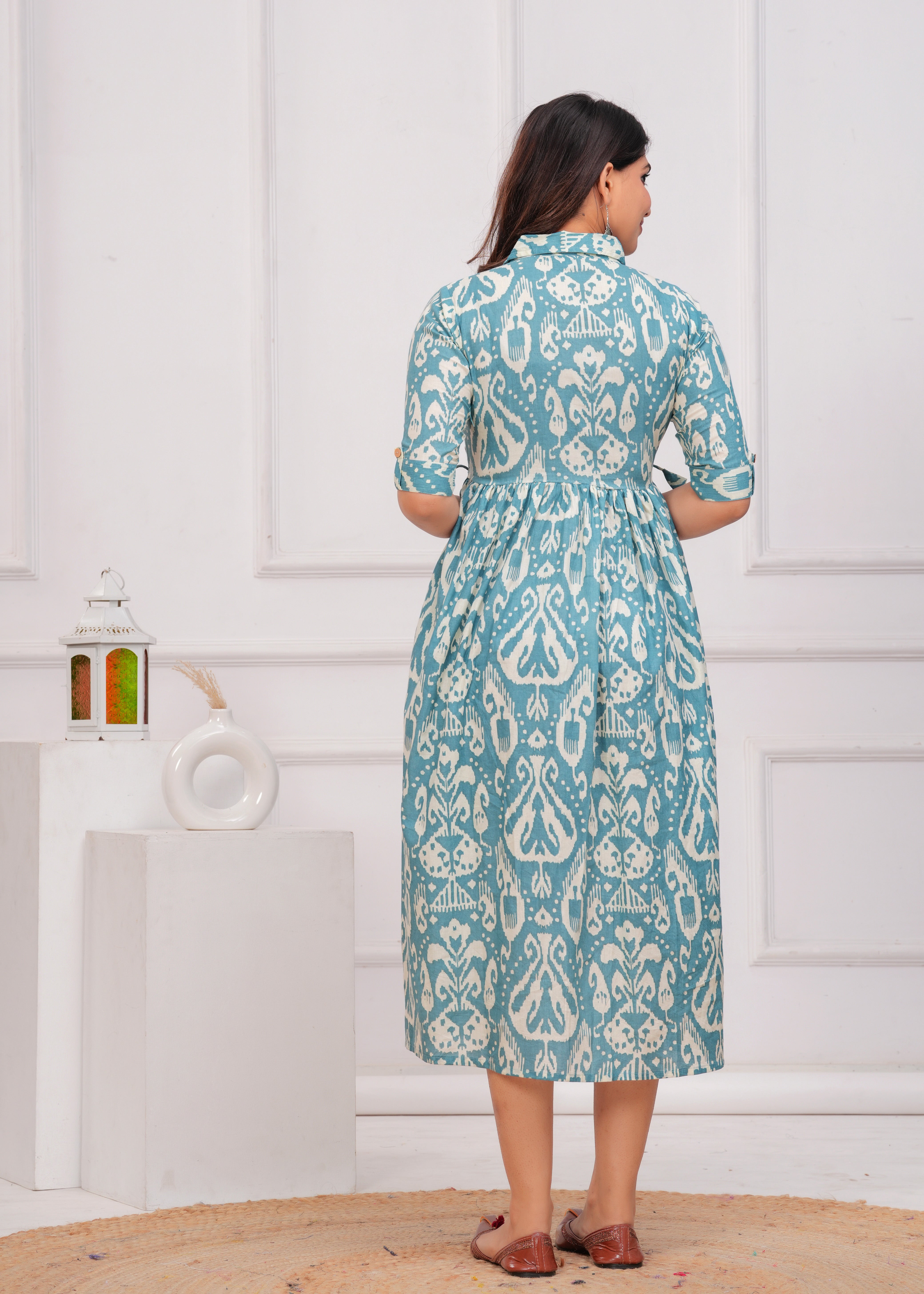 Sky Blue Printed Pure Rayon Cotton Collar Maternity and Feeding Kurta