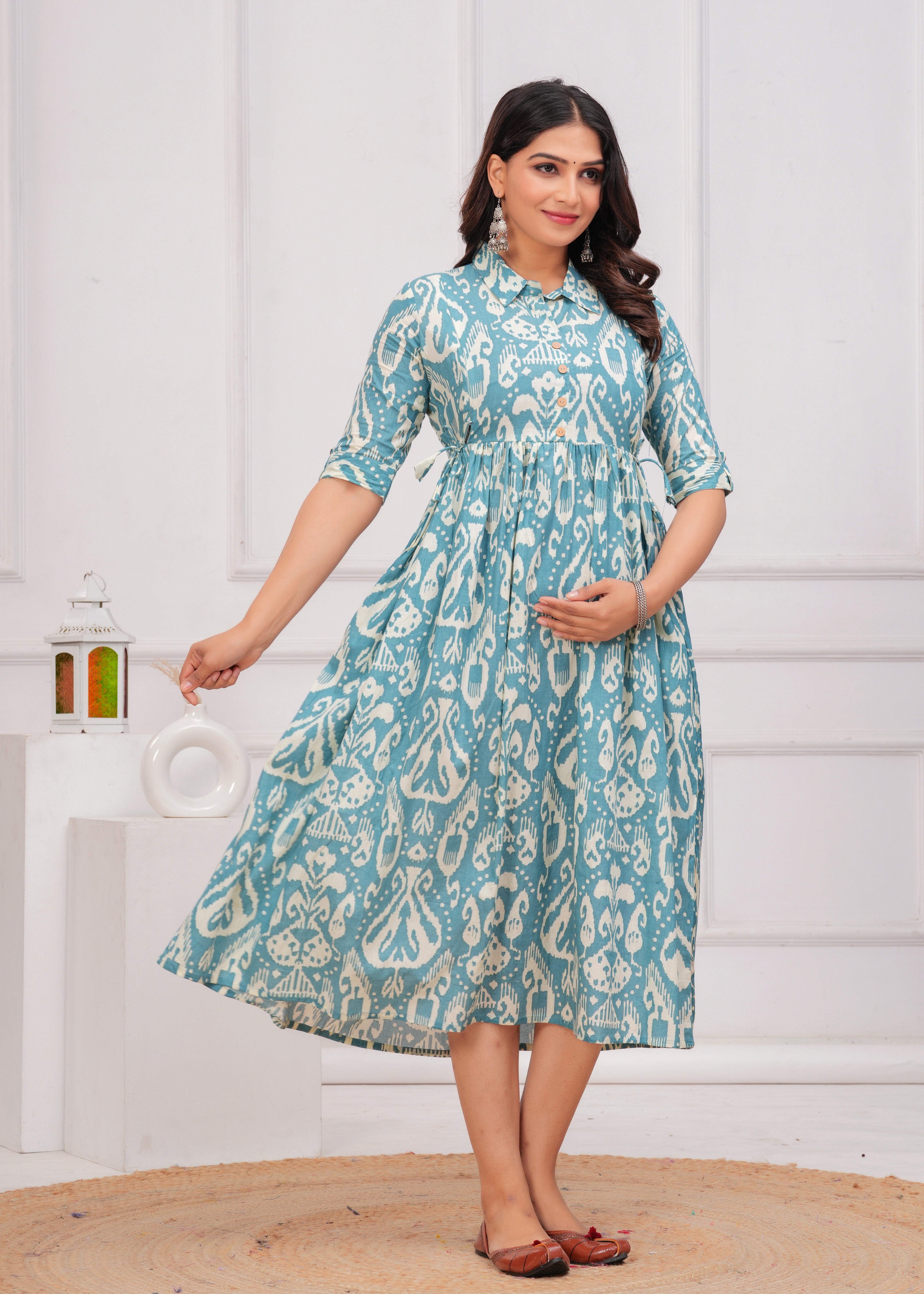 Sky Blue Printed Pure Rayon Cotton Collar Maternity and Feeding Kurta
