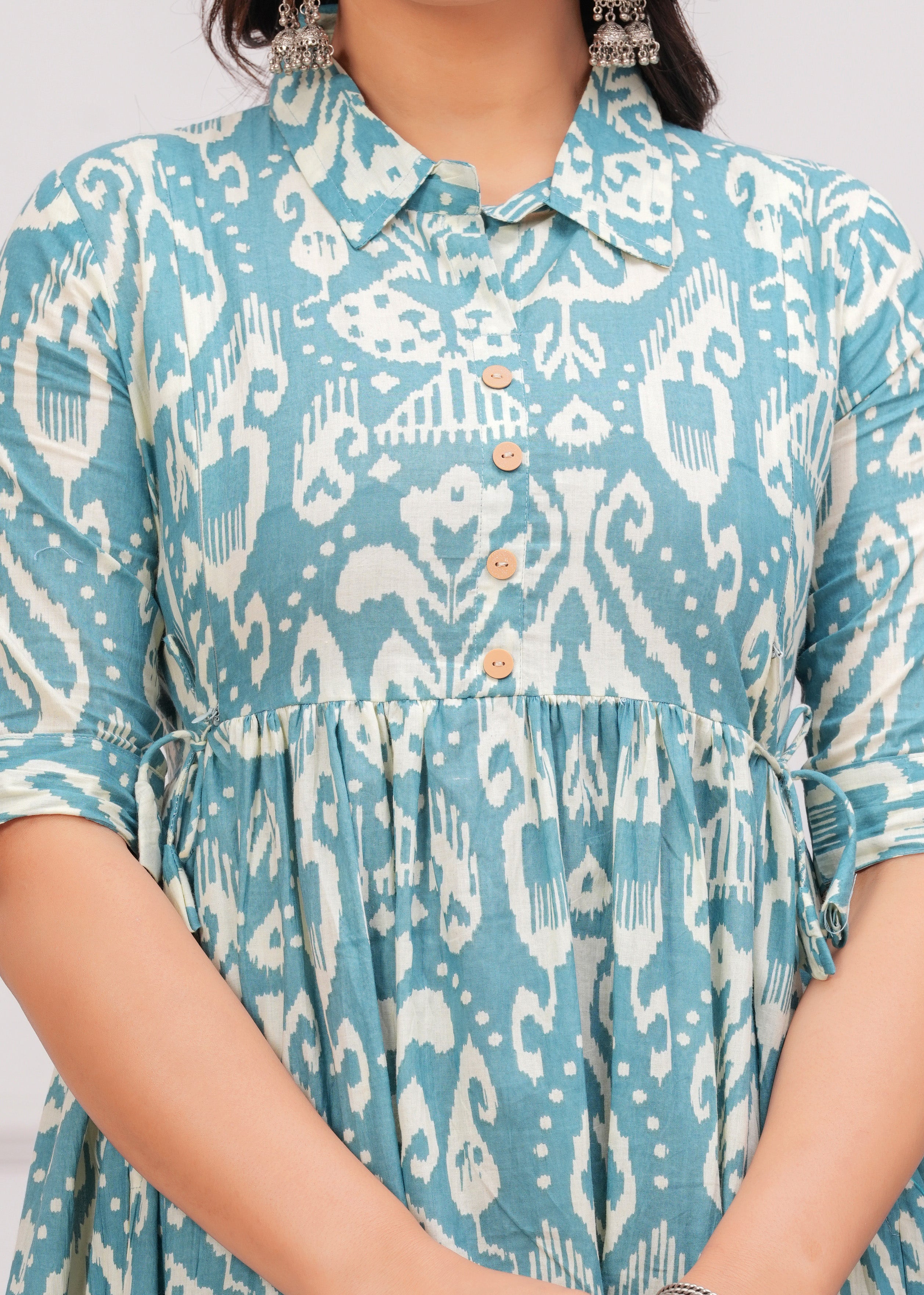 Sky Blue Printed Pure Rayon Cotton Collar Maternity and Feeding Kurta