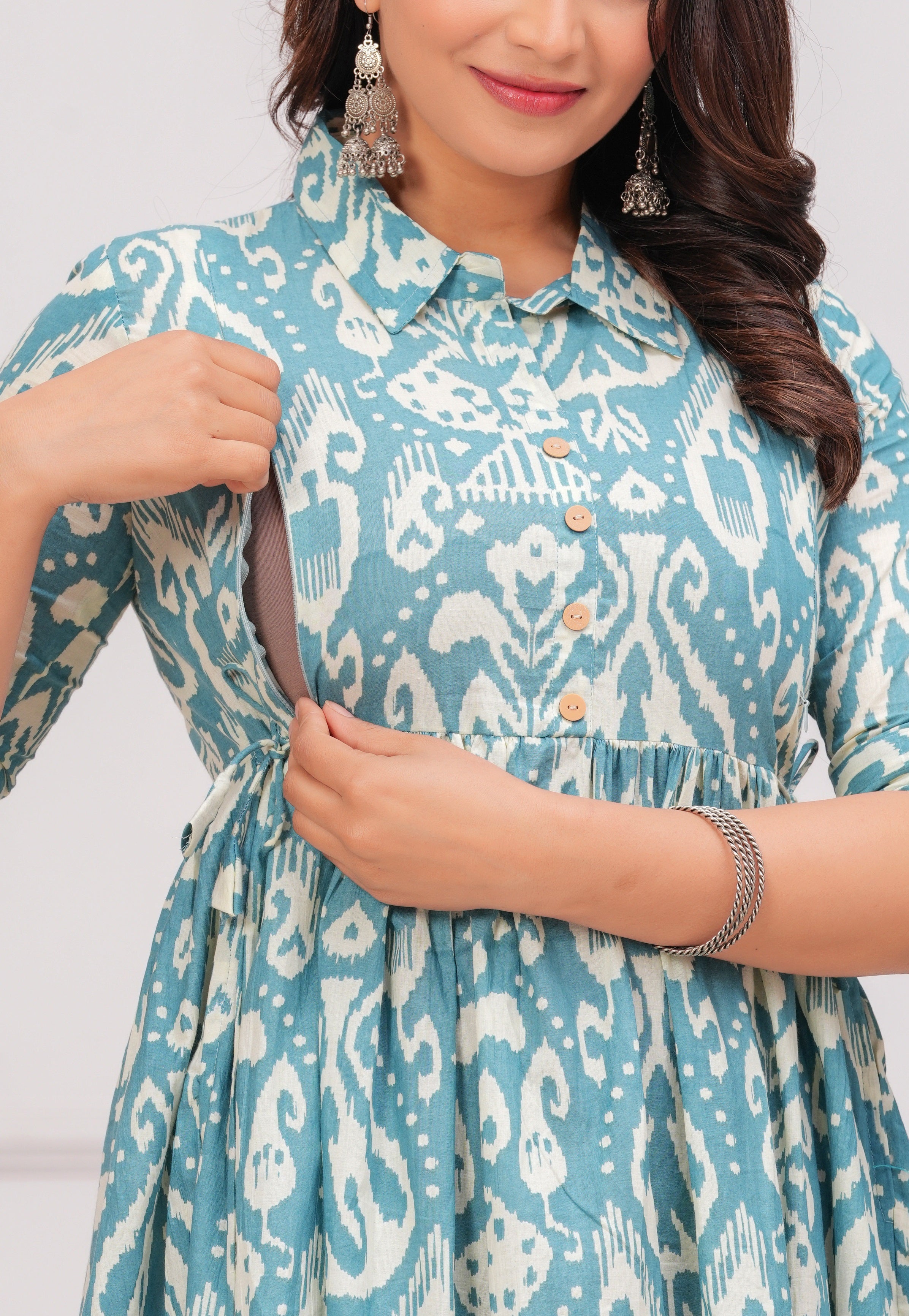 Sky Blue Printed Pure Rayon Cotton Collar Maternity and Feeding Kurta