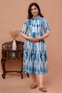 Blue & White Tie-Dye Pure Rayon Cotton Collar Maternity and Feeding Kurta