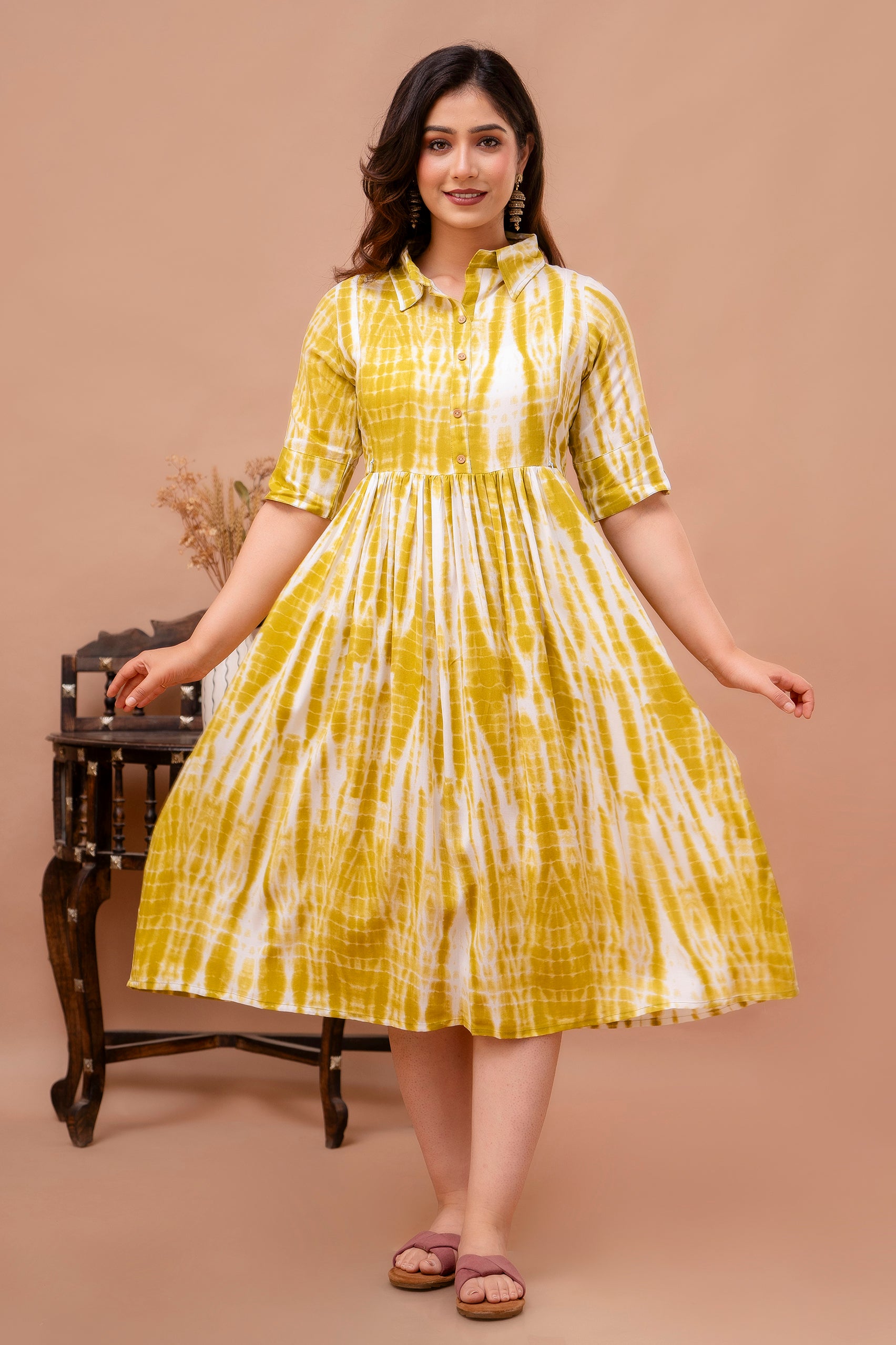 Yellow Tie-Dye Pure Rayon Cotton Collar Maternity and Feeding Kurta
